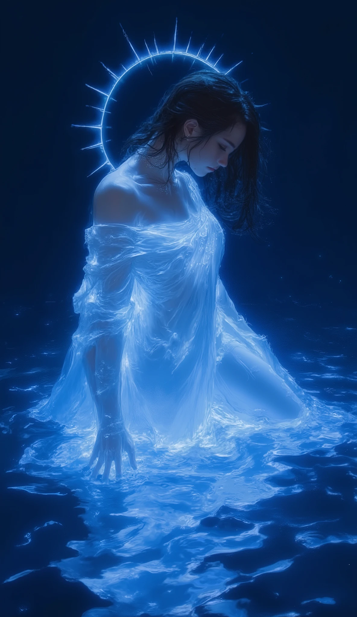 Emerging from bioluminescent water, a realistic figure is bathed in a soft, radiant aura against a surreal navy blue backdrop. The figure's features are sharp and defined, with delicate lines and intricate details that captivate the viewer's attention. Dressed in white and future minimal and posing in side profile. This captivating image, whether it be a painting or a digital illustration, seamlessly blends reality with imagination, evoking a sense of wonder and awe. Each element of the scene is meticulously crafted, to the ethereal glow surrounding the figure, creating a visually stunning masterpiece that is sure to leave a lasting impression.