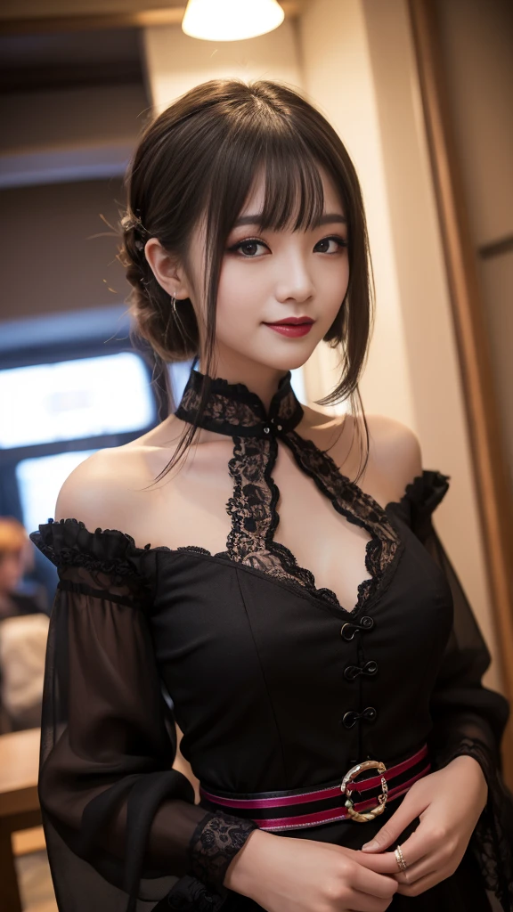 Super detailed、Japanese、charming beauty、seductive adult woman、Beautiful woman、sharp eyes、cool girl、wavy hair、suit、Black chiffon、lace fabric、wide sleeve、wearing a lace insert dress、white blouse、pleated skirt、Lustrous legs、evil depravity、brainwashing、Mind control、apply lipstick、grin、evilな表情、evil、empty eyes、evil、church at night、vampire、evil woman、witch、succubus makeup tools