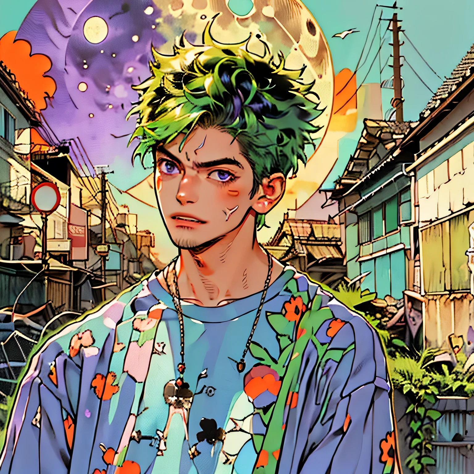  Boy with short hair, spiky green hair, with faux hawk hairstyle, white skin, small purple eyes, with a moon-shaped scar under his left eyelid horizontally, and another scar near his lip by the corner of his right lip, with a boxy smile, with sharp teeth, straight ahead, wearing casual clothes. Wearing casual clothes, baggy trousers and loose shirt, short stature with Asian features, almost sickly pallor, purple eyes, cracked and broken lips, short, lurid green hair. Deep scars on face and body, bandages and baggy clothes. Wears stolen clothes of bright colours and discordant patterns: gaudy shirts, unevenly coloured shoes. Clothes are colourful and messy, with varied textures and a lack of coherence. The intention is to convey a sense of freedom and self-expression, despite a turbulent past and a delicate physical condition. It generates an image that reflects this state of mind, with a focus on the subject's facial expression and body.’