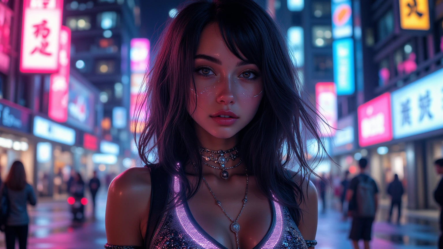 A cyberpunk-inspired portrait of a young woman with flowing black hair, wearing a neon purple top and futuristic leggings. Her eyes are piercing and intense, reflecting the vibrant city lights behind her. The image is captured in a soft-focus style, reminiscent of iconic album covers, with a warm, amber glow illuminating her features. The overall aesthetic is exotic and captivating, with a touch of Luke Fildes' Victorian realism. Use a cinematic lighting setup, with a single, powerful light source creating dramatic shadows and highlights. Aspect ratio 1:2, stylize 750, Midjourney v6