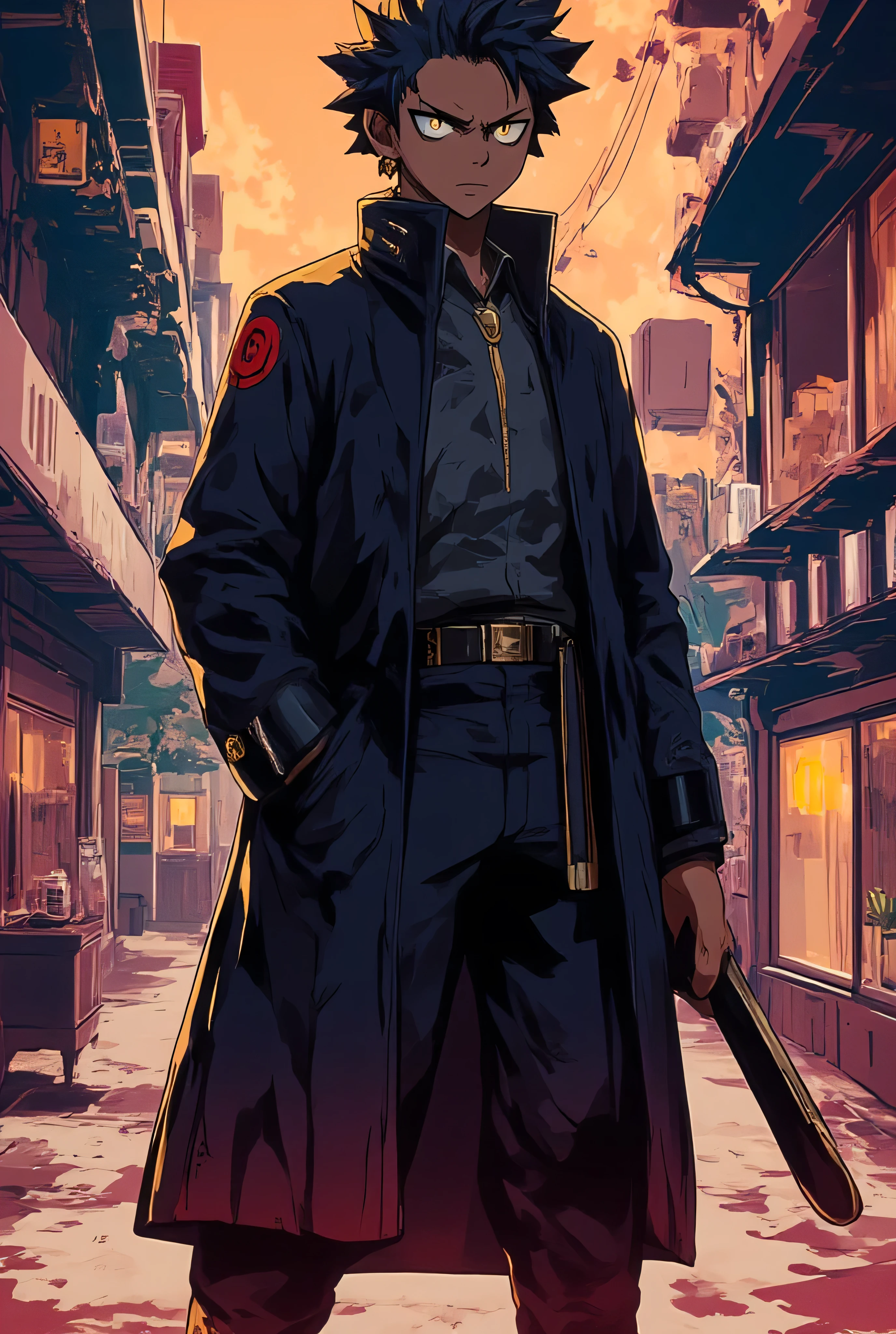 un personnage style anime de race noir portant une boucle d'oreille et un manteau style jujutsu kaiser