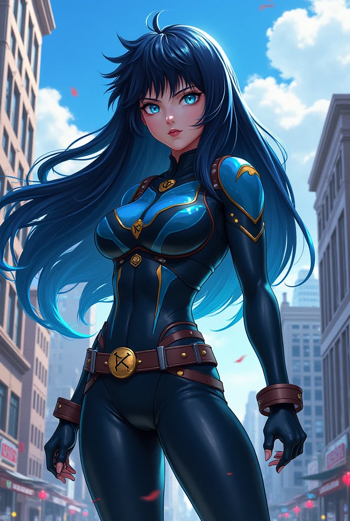 (masterpiece, Highest quality, Highest Resolution, clear_image, Very elaborate CG, Cinema Lighting, Ray Tracing, Drop Shadow, Further details, (Photorealism: 1.4), High quality textures, Detailed, Realistic facial expressions): (One Girl, Face is Japanese, (Long, deep blue hair fluttering in the wind: 1.2), Small breasts, Sparkling red eyes, Eye-level shot, Metallic blue flight suit, Tight fitting clothes, Clothing that covers the whole body, A light smile, beauty, The body is slim, Exoskeleton, heroine, headset, Knee-high boots, gloves, A cloak fluttering in the wind, Beautiful view with sky as background), Kicking a woman in a swimsuit all over her body, Kick the high in the chest behind his body, sidekick.