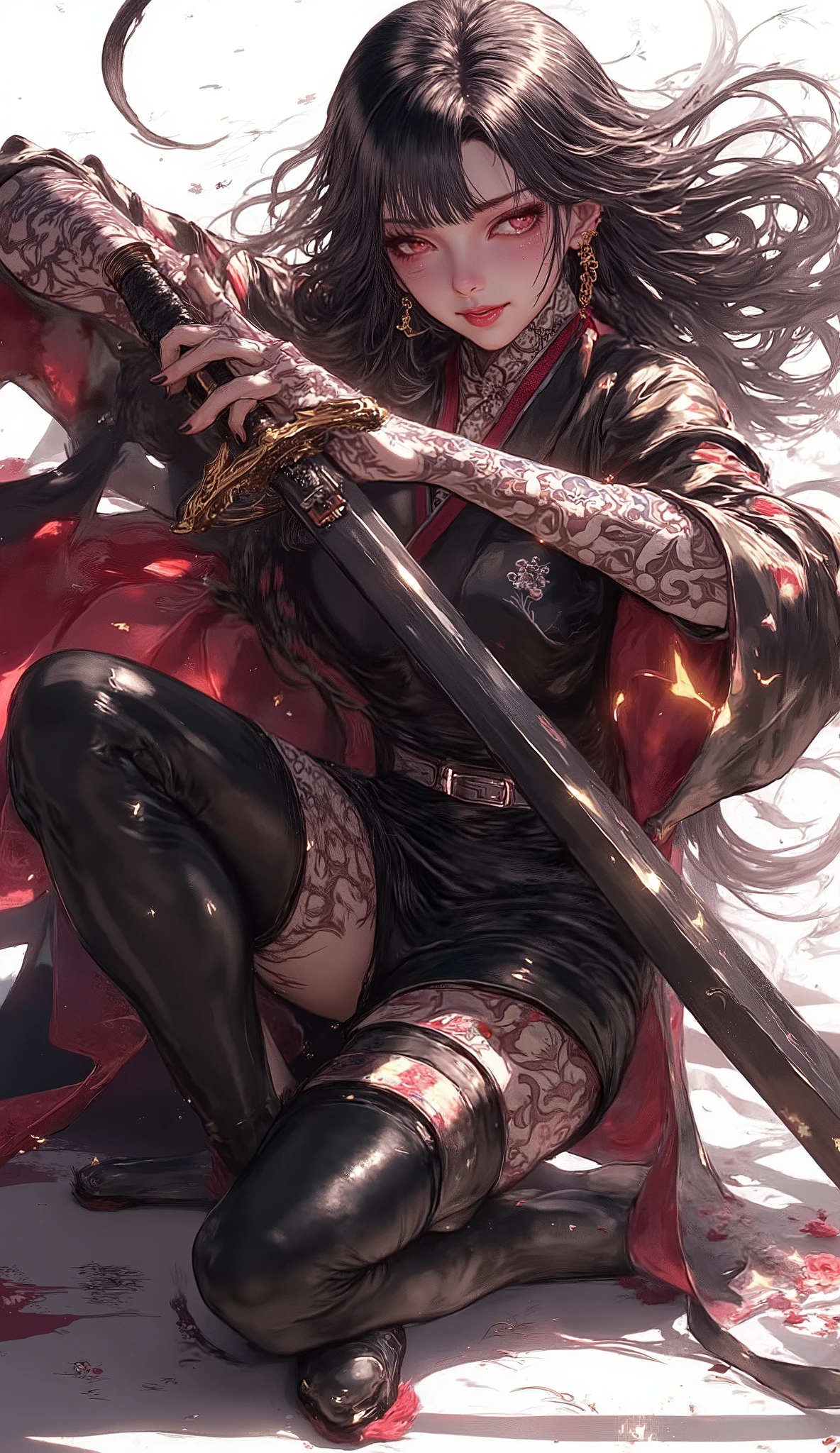 full body portrait, light in the eyes, shining eyes, glowing eyes, hologram eyes, light particles, stars in the eyes, Jewelry eyes, aurora eyes, happy, laugh smile, a beautiful CG anime, A beautiful animated oiran of the finest quality, Wearing the finest black layers of colorful kimonos. Gazing at us with the finest smile, fascinating gestures, burning, soft lighting and delicate lines, spot light, Shiny light, sleepy, 135mm f1.0 fixed focal length lens, long black hair, Dynamic action pose, character crouching low with one knee bent and the other leg extended to the side, conveying agility and readiness. The upper body leans slightly forward, enhancing the sense of motion. One hand is stretched forward with fingers slightly spread, as if preparing to strike or balance, while the other hand firmly grips a large Western sword, holding it diagonally downward in a defensive or counterattack stance. The character's head is tilted slightly, with an intense gaze looking forward. Hair flows dramatically, swept by movement, emphasizing speed and momentum. The character's cape or long garment billows outward, further enhancing the dynamic energy of the pose. The overall composition creates a sense of a mid-battle maneuver, agile and ready for action, wielding the sword with determination, ready to strike or defend.