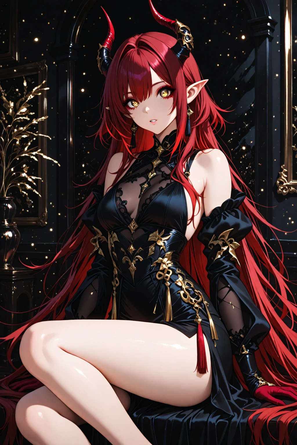 (extremely high quality, ultra-detailed, best lighting),(soft skin tone) Effiminate male. Pale skin. Flat chest. Vibrant red twintail hair. Imp horns, tail and wings. Pointed elf ears. Red lips, smiling. Green eyes. Lounging in black lace lingerie on a victorian sofa.  bulge. Gothic aesthetic .Style of incase.  ultra high res, intricate, hyperdetailed, (skindentation), cute, feminine, [symmetrical:0.8], detailed body , (detailed face:1.1), (outlined iris), (hidrocor lenses), (perfect eyes), 4k, beautiful, (masterpiece:1.2), (best quality:1.2), :1.3