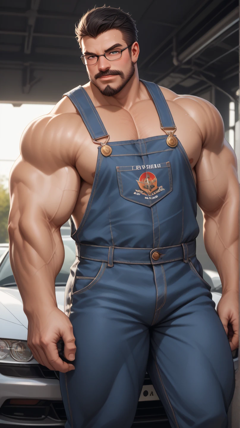 george pei, 1boy, solo, mature male, masterpiece, round face, short beard, stumble, glasses, stocky body, gay bear, big chest, muscular, ((best quality)), ((masterpiece)), ((realistic)),Disney,animation,8k wallpape,A handsome 30-year-old muscular male,broad shoulders,(fat body),puffy nipple,musclebears,chubby,large pectorals,
mechanicoveralls,naked overalls,gloves,holding wrench,goggles on head,backwards hat,in front of off-road vehicle,
relaxed,earrings,dog tag,spread legs,thick thighs,masterpiece,best quality,highly detailed,perfect lighting,