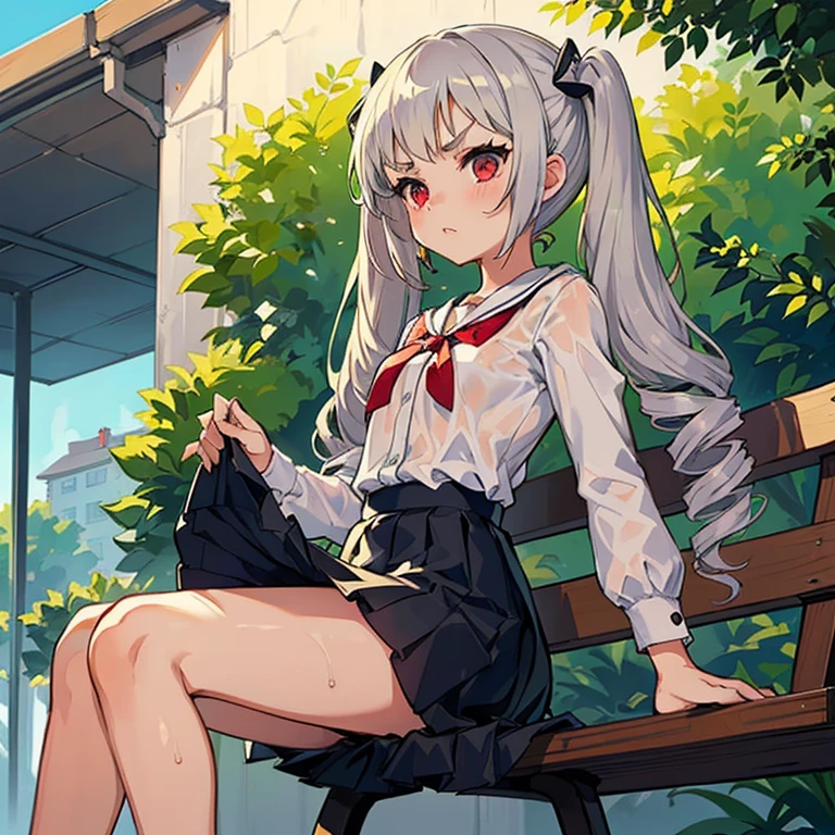 Young girl with grey hair, ((fringed and curly hair)),((curly short twintail)), curly hair ,(red eyes),, ((small bushy eyebrows)), wearing gothic ta clothing, loli, walking to school, bored look, bored face,, (sitting with legs open lifting her skirt to show her vagina wet with semen),