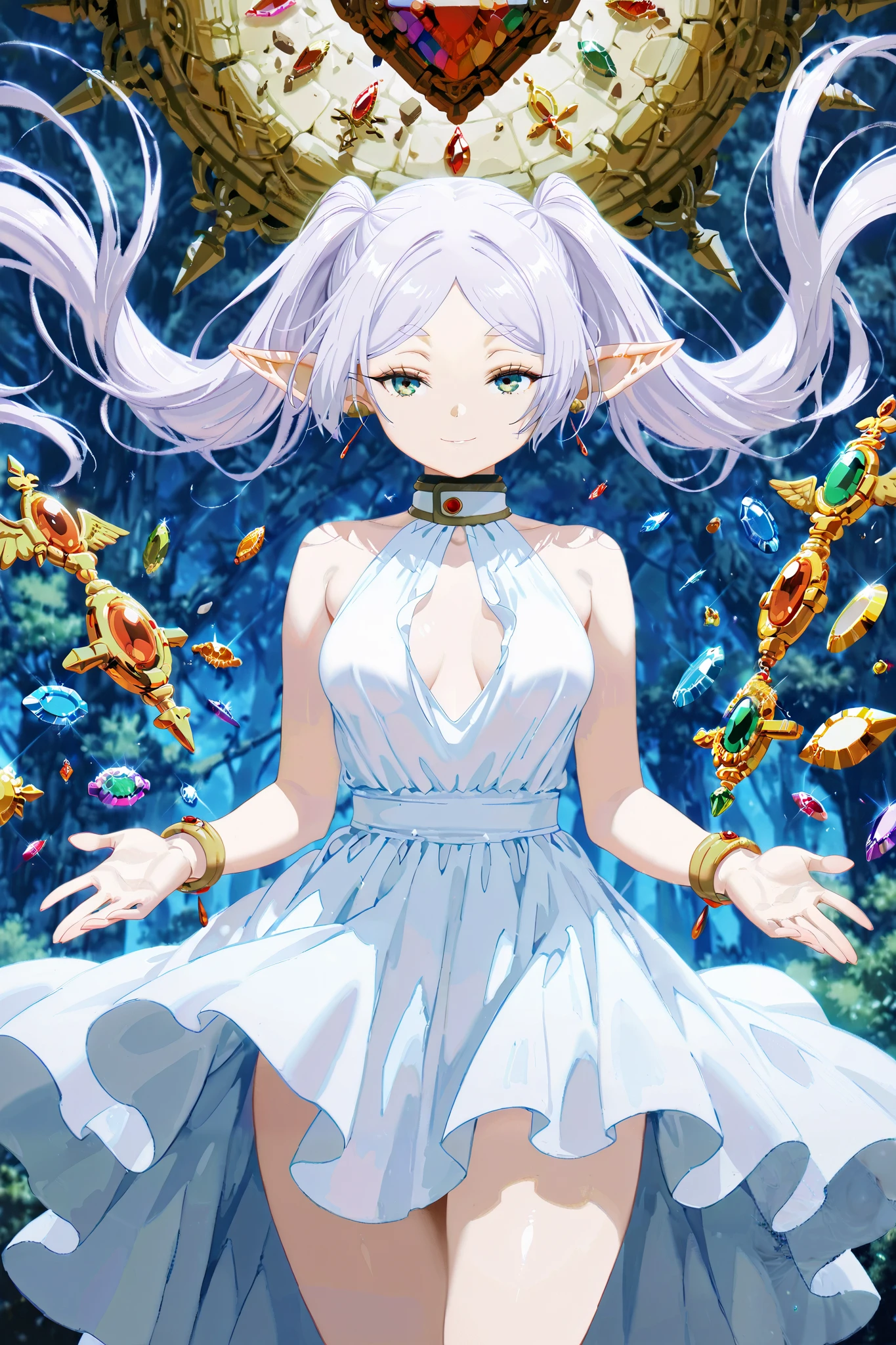 score_9, score_8_up, score_7_up, UHD, Masterpiece, amazing quality, very aesthetic, absurdres, ultra-detailed, 1girl,elf,BREAK, BREAK, huge world tree:1.2, dynamic angle:1.5, panorama:1.2, cinematic:1.3, frieren, silver white hair,(((( beautiful Dress full of jewel and gems)))), BREAK, cowboy shot:1.8, seduction poses, dynamic poses, seductive smile, BREAK, medium loose breasts, thicc thighs ,(((solo)))