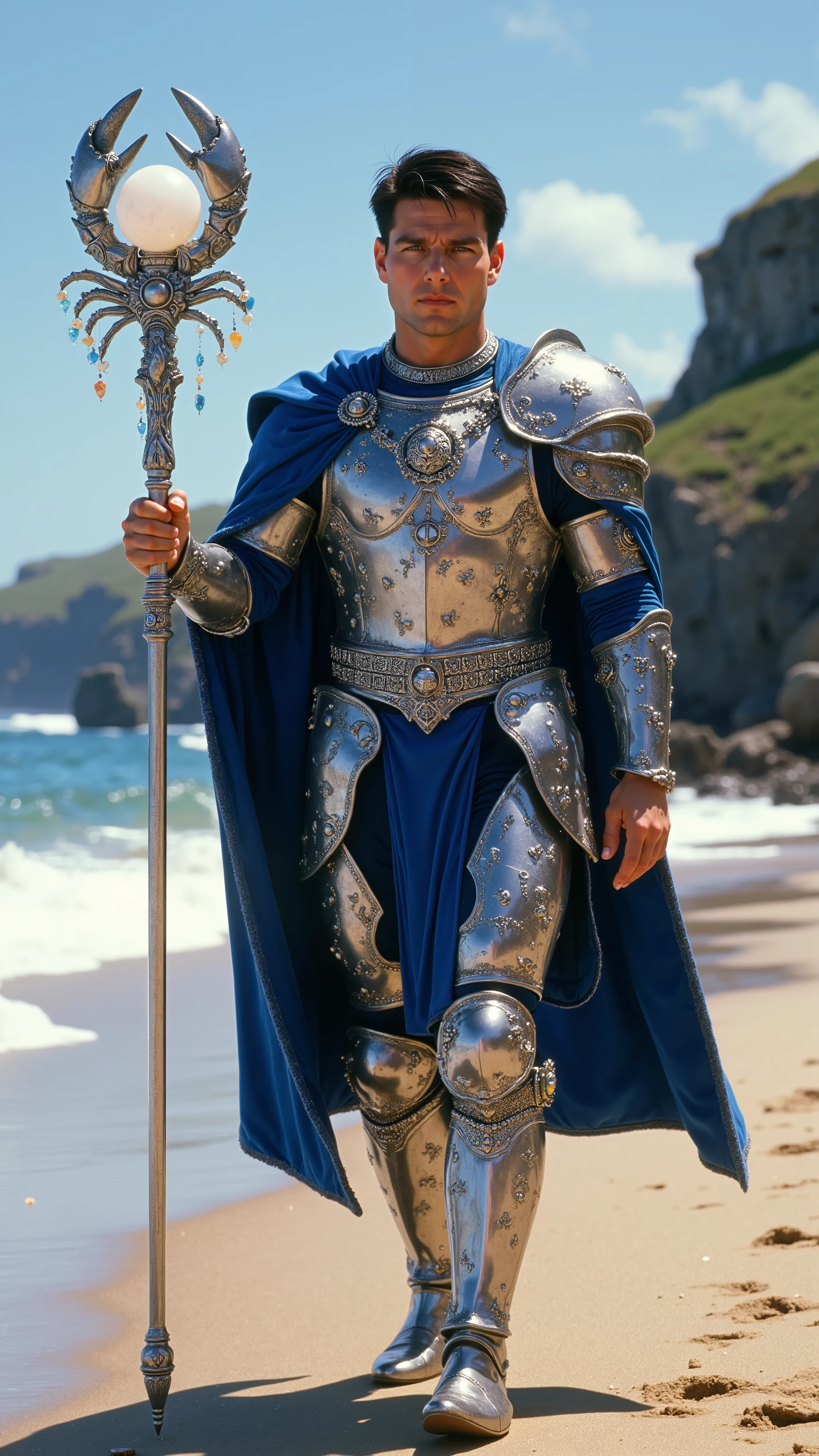 Tom Cruise reimagined as a majestic human-cancer hybrid walking and holding a silver scepter, dramatic atmosphere, 1 male、
short, dark brown hair and expressive hazel eyes.
He wears ultra-luxurious armor crafted from polished silver and deep blue steel, adorned with engravings of the moon, ocean waves, and delicate crab motifs. His breastplate is inlaid with opals and moonstones, featuring a central emblem of a majestic crab. The pauldrons are shaped like ornate crab claws, edged with platinum and adorned with sapphire accents.
Draped over his shoulders is a royal blue velvet cape with silver embroidery of waves and constellations. The cloak is fastened by a brooch shaped like the Cancer symbol surrounded by a crescent moon. Around his neck, he wears a platinum choker set with glistening blue aquamarines and pearls. His boots are crafted with shell-like designs, combining silver and deep blue metalwork with pearl inlays.
In his hand, he holds a magnificent silver scepter, its handle wrapped in strands of polished mother-of-pearl. The scepter is crowned with an opalescent crystal orb, encased in delicate silver tendrils. Around the orb, floating rings of platinum bear tiny, suspended pearls and aquamarine gems.
Shows his male character's full figure, athletic body, perfect face, full body, extremely beautiful, male shape, and perfect anatomy. The background showcases a pristine coastal landscape under a vibrant blue sky. Gentle waves lap against a sandy shore, where smooth stones and delicate shells are scattered along the water's edge. Towering cliffs rise in the distance, crowned with lush green grass.
photorealistic, masterpiece, realistic, high contrast, 8k, HD, high definition detailed, detailed, hyper detailed, realistic skin texture, best quality, ultra high resolution, hyper realistic, no text, very detailed eyes, dramatic lighting