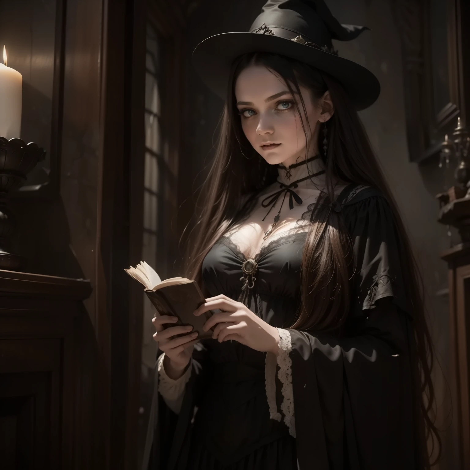 young sorceress, best quality,4k,8k,highres,masterpiece:1.2,ultra-detailed,realistic,photorealistic:1.37,(dark,dreary),victorian horror,fantasy,haunting,gothic,vintage,nightmarish atmosphere,exquisite details,ominous shadows,mysterious figures,elaborate costumes,ornate architecture,ethereal spirits,creepy ambiance,misty moonlight,haunted mansion,flickering candles,cobwebs,dripping blood,stained glass windows,ghostly apparitions,eerie echoes,macabre creatures,unsettling silence,mirror reflections,mystical symbols,secret passageways,supernatural elements,forbidding forest,strange surreal landscapes,enchanted forest,whispering winds,witches,spells,witchcraft,cursed artifacts,ancient tomes,spectral vision,horror lurking in every corner,victorian nightmare