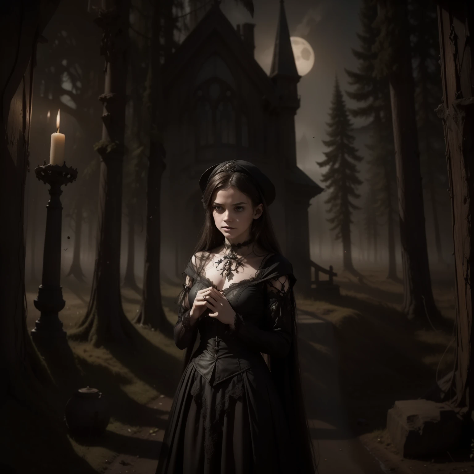 young sorceress, best quality,4k,8k,highres,masterpiece:1.2,ultra-detailed,realistic,photorealistic:1.37,(dark,dreary),victorian horror,fantasy,haunting,gothic,vintage,nightmarish atmosphere,exquisite details,ominous shadows,mysterious figures,elaborate costumes,ornate architecture,ethereal spirits,creepy ambiance,misty moonlight,haunted mansion,flickering candles,cobwebs,dripping blood,stained glass windows,ghostly apparitions,eerie echoes,macabre creatures,unsettling silence,mirror reflections,mystical symbols,secret passageways,supernatural elements,forbidding forest,strange surreal landscapes,enchanted forest,whispering winds,witches,spells,witchcraft,cursed artifacts,ancient tomes,spectral vision,horror lurking in every corner,victorian nightmare