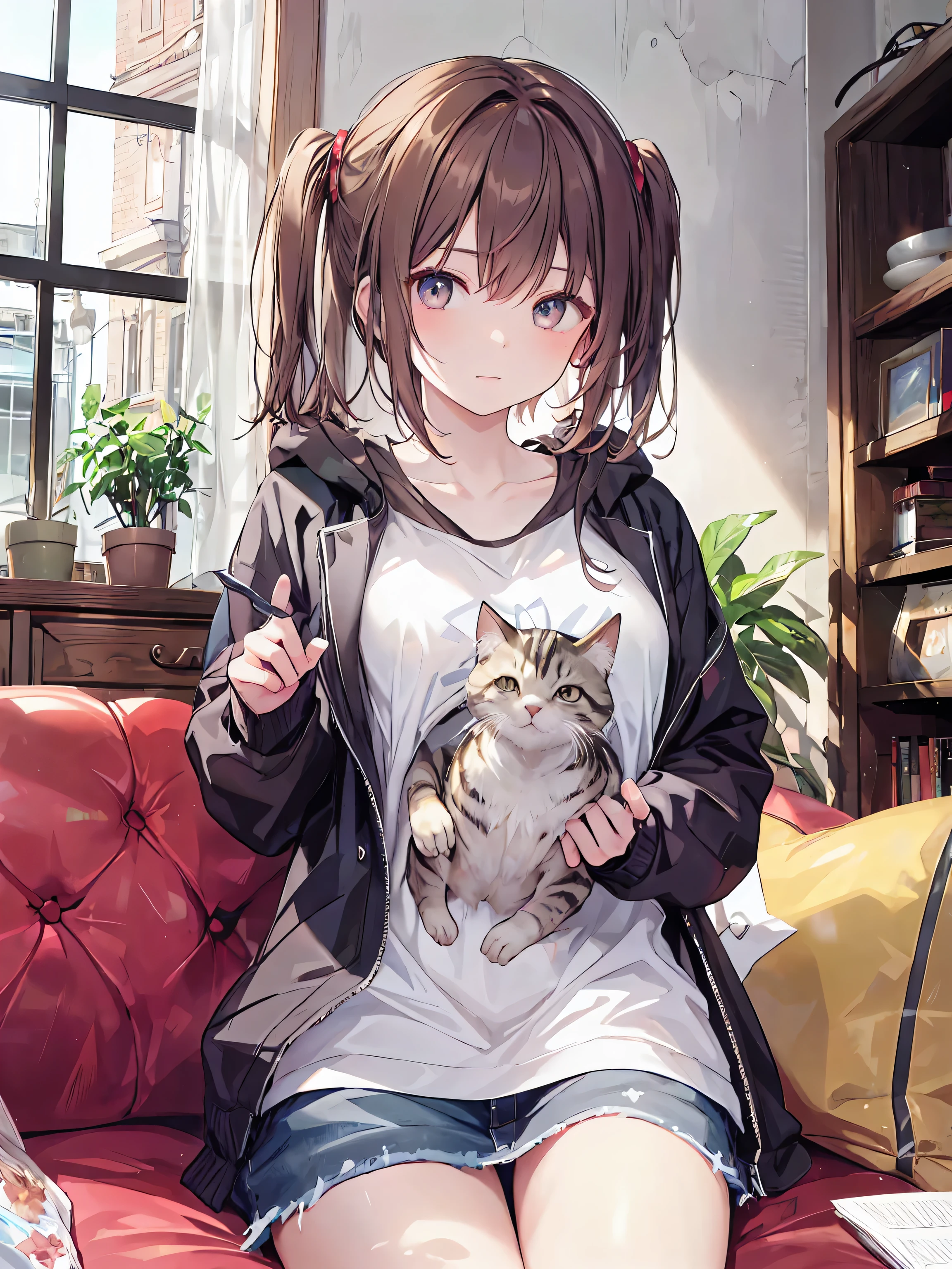 Girl and cat、black cats staring at each other with yellow eyes、cute、The coat is beautiful、stand up、
high school girl、 brown haired girl、
The background is a sofa at home、