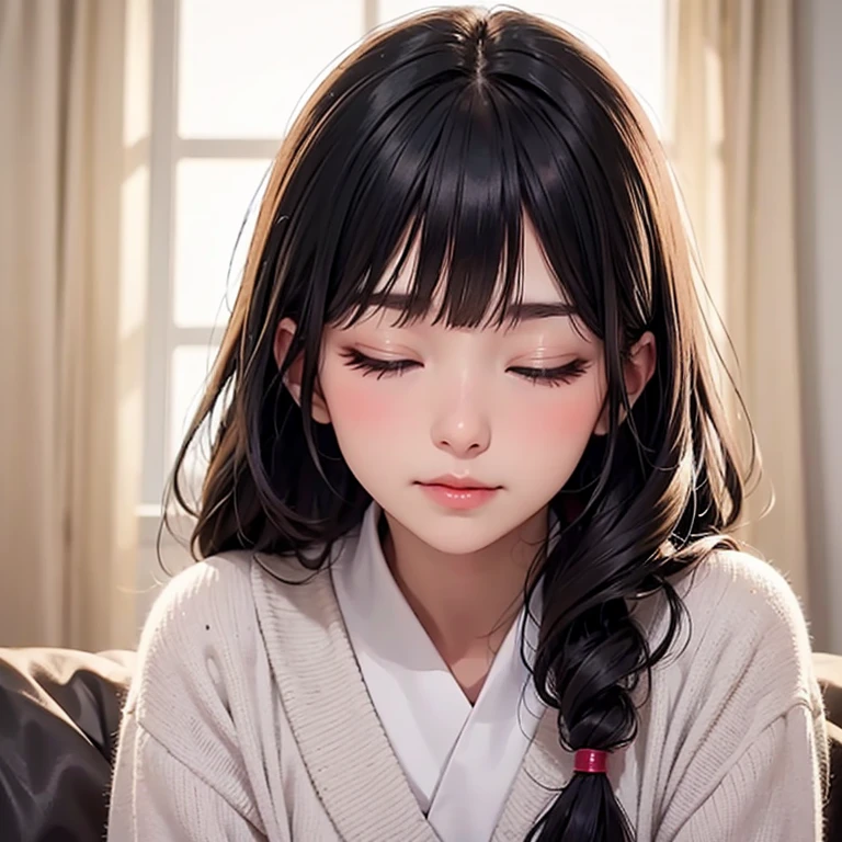 Sexy and cute woman, black brown hair, long hair, straight hair, weak eyes, blushing intensely, lips parted, ready to kiss, long oversized white shirt