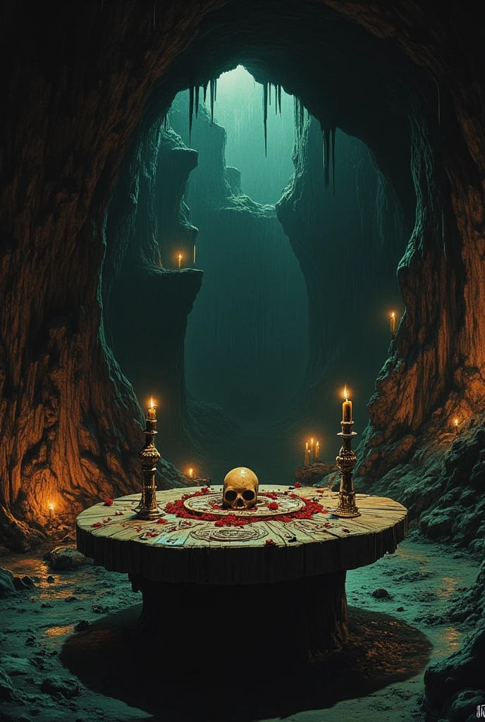 The floor of the ancient temple is decorated with a skull，The setting sun shines into the temple，Candles are everywhere，Sunlight shone into the hall，The walls are intricately carved，