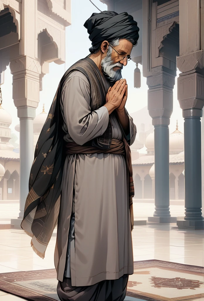 Animated image of a Muslim man asking for prayers from a prophet so he can become rich