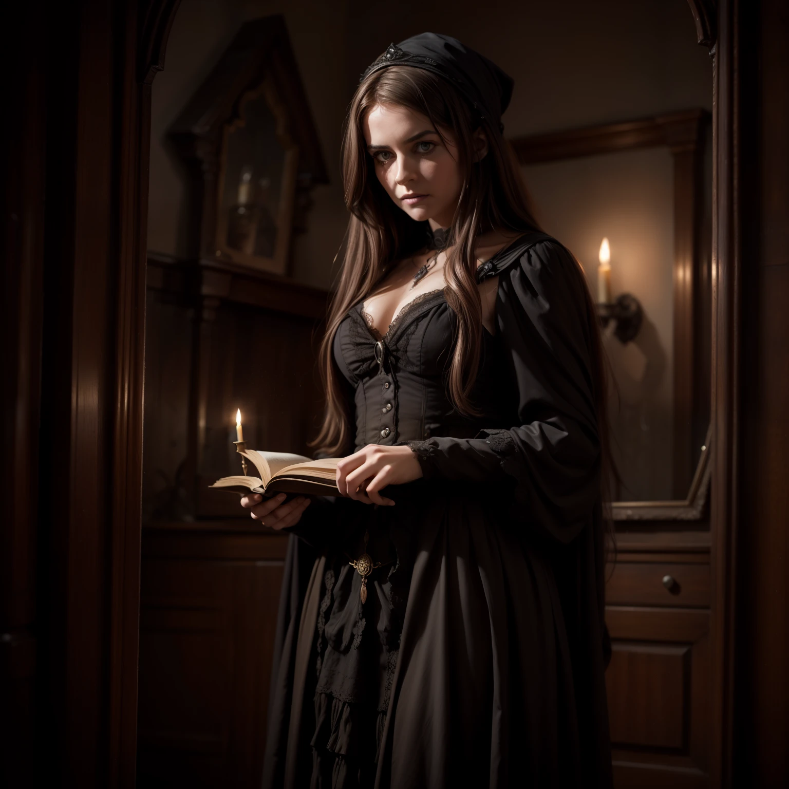 young sorceress, best quality,4k,8k,highres,masterpiece:1.2,ultra-detailed,realistic,photorealistic:1.37,(dark,dreary),victorian horror,fantasy,haunting,gothic,vintage,nightmarish atmosphere,exquisite details,ominous shadows,mysterious figures,elaborate costumes,ornate architecture,ethereal spirits,creepy ambiance,misty moonlight,haunted mansion,flickering candles,cobwebs,dripping blood,stained glass windows,ghostly apparitions,eerie echoes,macabre creatures,unsettling silence,mirror reflections,mystical symbols,secret passageways,supernatural elements,forbidding forest,strange surreal landscapes,enchanted forest,whispering winds,witches,spells,witchcraft,cursed artifacts,ancient tomes,spectral vision,horror lurking in every corner,victorian nightmare