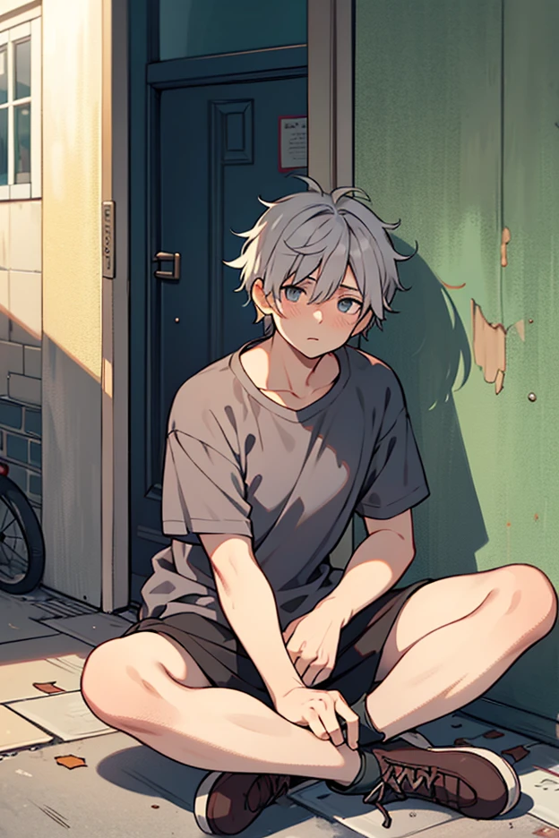 A male teenager，adorable captivating，White color hair，in a white shirt，He looked sad，Barefoot，sat on the ground。The blush gradually rises，Shy, But handsome。The picture style is fresh and simple，Rendered like a comic，The lens is shown as a vista，（Anime style+Soft cute）