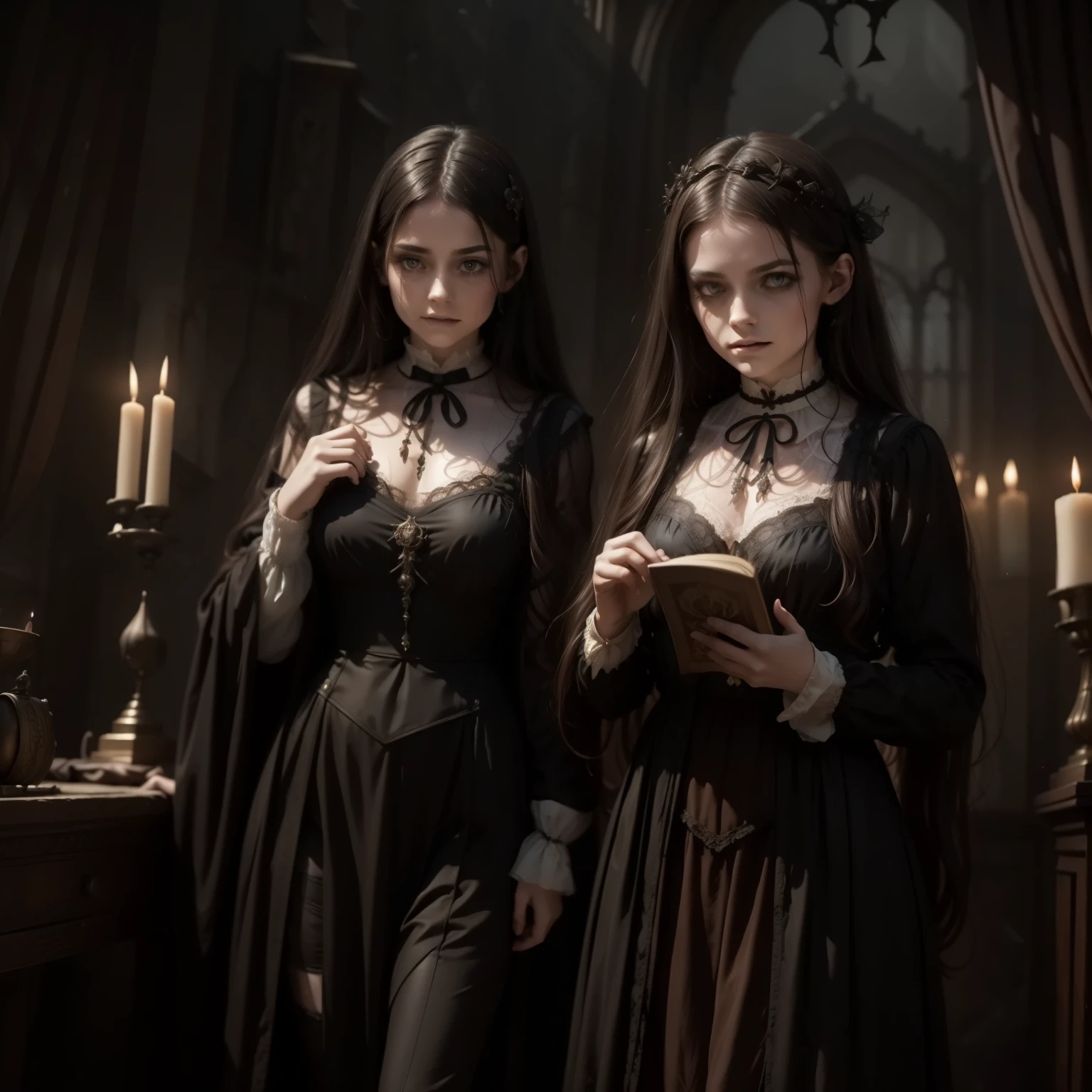 young sorceress, best quality,4k,8k,highres,masterpiece:1.2,ultra-detailed,realistic,photorealistic:1.37,(dark,dreary),victorian horror,fantasy,haunting,gothic,vintage,nightmarish atmosphere,exquisite details,ominous shadows,mysterious figures,elaborate costumes,ornate architecture,ethereal spirits,creepy ambiance,misty moonlight,haunted mansion,flickering candles,cobwebs,dripping blood,stained glass windows,ghostly apparitions,eerie echoes,macabre creatures,unsettling silence,mirror reflections,mystical symbols,secret passageways,supernatural elements,forbidding forest,strange surreal landscapes,enchanted forest,whispering winds,witches,spells,witchcraft,cursed artifacts,ancient tomes,spectral vision,horror lurking in every corner,victorian nightmare