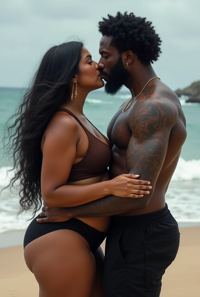 I want a sensual image of a young man, cinnamon skin, black hair, corpulent, shirtless, portrayed against a black background, with a woman kneeling beside him in sensual attire.