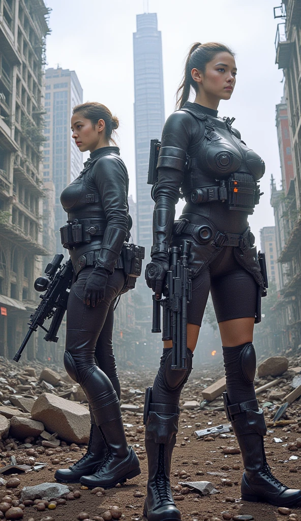 young-woman-type cyborg, bikini, ((full body)), armored, walking toward the sunset n the battle field with her legs spread apart, with her ray gun in the holster at her right leg, beautiful chest, from front below