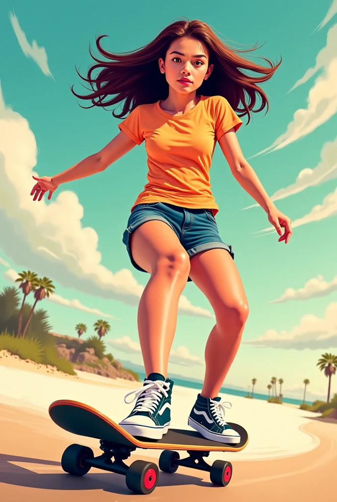 A girl is on a skateboard，Voe no ar，overlooking the city of Sao Paulo ，There are clues around the city。Apresenta uma perspectiva olho de minhoca，Based on the works of Eiichiro Nakaoda from the weekly shōnen《one piece》The cover art style is style。