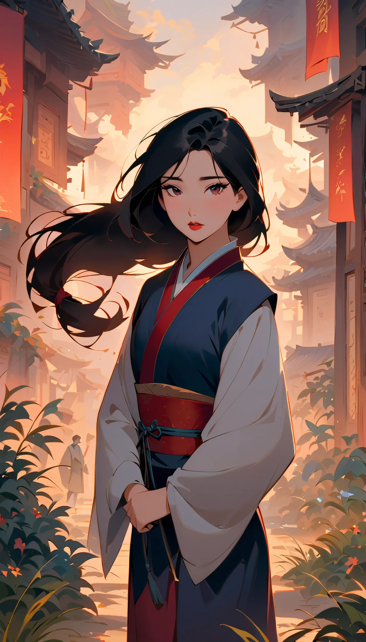 Hua Mulan,Show female bravery,shy,like a porcelain doll, fine features, delicate,Black and red color scheme,poster,iconic disney characters。shonen style, anime style, straight hair, big hair, ((long hair)) ,chinese young woman warrior, black hair, traditional japanese dress, wind blow, leaves flying, backlit, tall gray reed grass foreground blurry, bottom perspective, panoramic view, fantastic lighting, detailed,, blossom