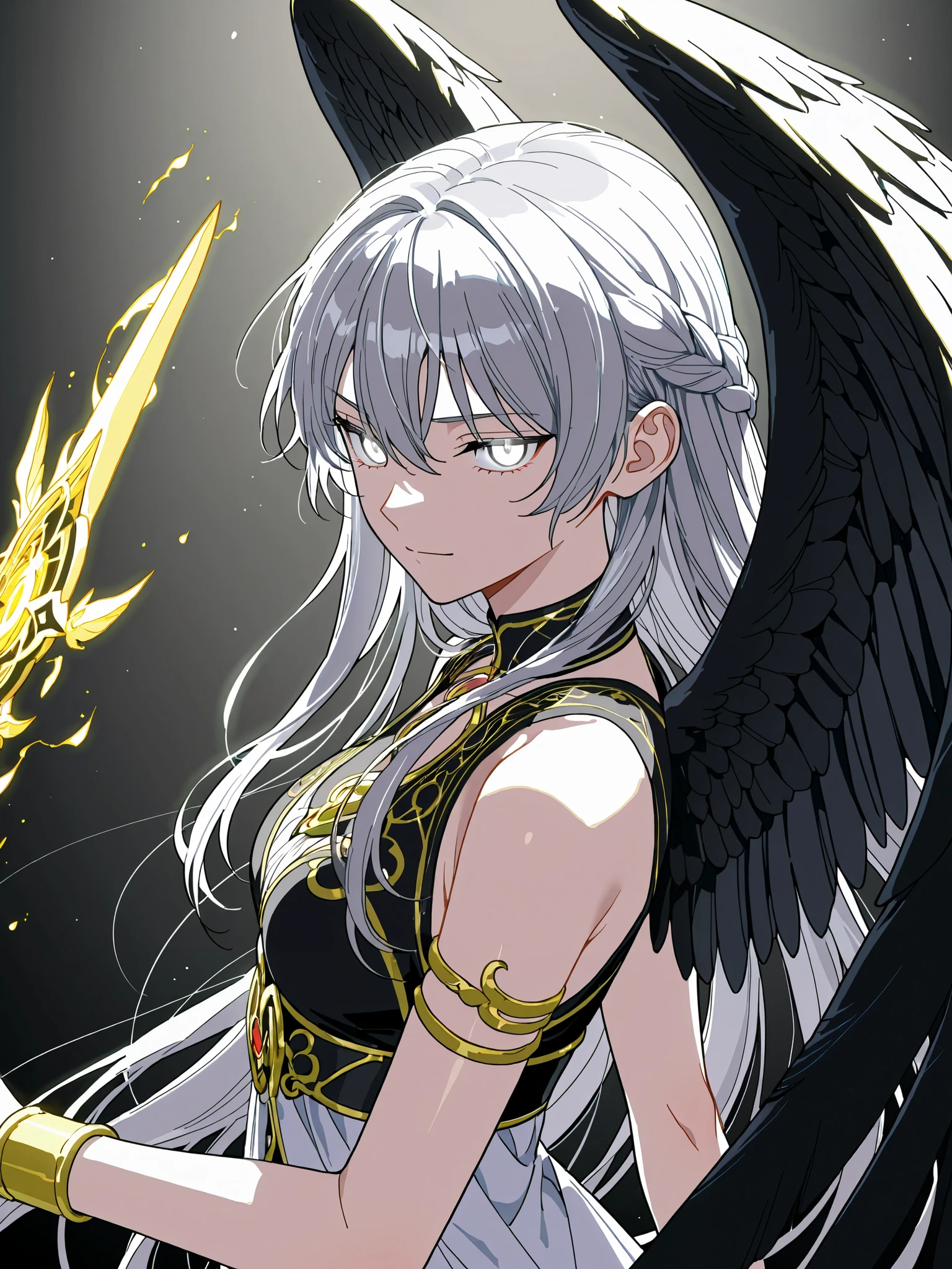 (from the side, from an angle, upper body shot, solo:1.1), glowing aura, glowing body, photorealistic background and lighting, 4k, ultra detailed, extremely detailed, detailed background, webtoon, cinematic shot, dramatic shot, cinematic, volumetric lighting, (dynamic pose, woman, girl, young adult, 1girl:1.18), (HoSenti, Senti_Default:0.77), gray hair with white streaks, white eyes, gray eyes, ring eyes, symbol eyes, (glare, smirk, tsurime, hateful focused gaze:1.03), braided hair, ((angelic broken mythical clothes:1.03), valkyrie-demon hybrid, french dress, french royalty:1.3), burning aura, webtoon, asymmetry, royalty, golden trimming, , (angelic wings, black and white wings, gold trails glitching effect, glitch:1.0), 