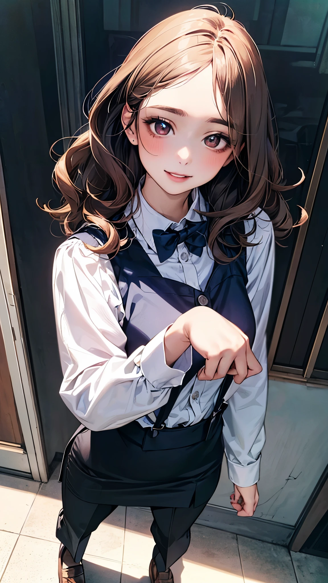 (masterpiece:1.2, top-quality, ultra high res, ultra detailed), (realistic, photorealistic:1.3), beautiful illustration, perfect lighting, natural lighting, colorful, depth of fields, 2025s, , 
beautiful detailed hair, beautiful detailed face, beautiful detailed eyes, (perfect anatomy, anatomically correct, super detailed skin), pink skin, shiny skin, 
looking at viewer, (face focus, upper body), 1 girl, high school girl, cute and symmetrical face, perfect face, perfect eyes, perfect body, tiny, 
(middle hair, {soft wavy hair | sleek updo hair}, long sidelocks, caramel brown hair), forehead, light brown eyes, long eye lasher, (medium breasts, narrow west, seductive thighs), slender, skin dentation, 
(detailed cloth texture), break (vintage chic costume, bow tie, suspenders), break ({tailored vest | waistcoat}, classic black), break ({high-waisted pants | pencil skirt}, {navy blue |charcoal grey}), break (white button-down shirt), break ({oxford shoes | loafers}), break 
(beautiful scenery), summer, evening, detailed background, (theme parties and cosplay events:1.2), standing, (pose with movement), (lovely smile, upper eyes, parted lips),