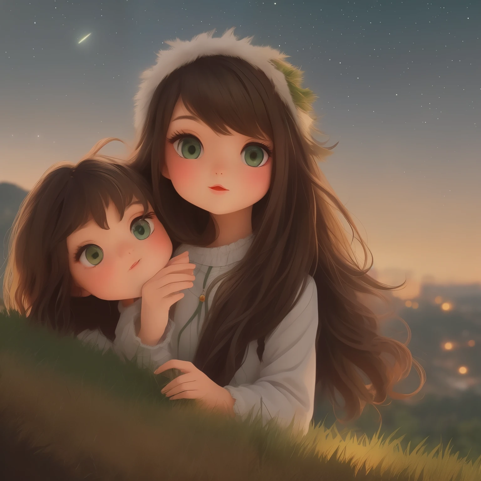 A girl with long brown hair dark green eyes looks down from a hill at the city below, her friends are near her. city lights, twilight, starry sky