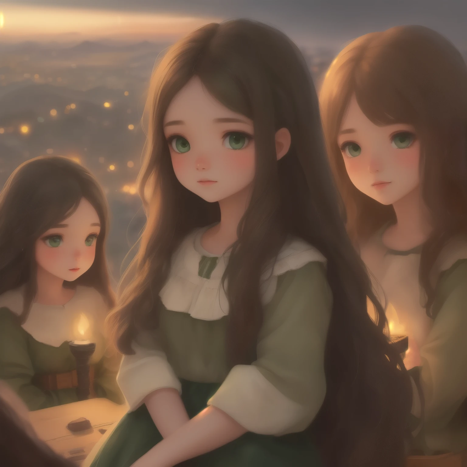 A girl with long brown hair dark green eyes looks down from a hill at the city below, her friends are near her. city lights, twilight, starry sky