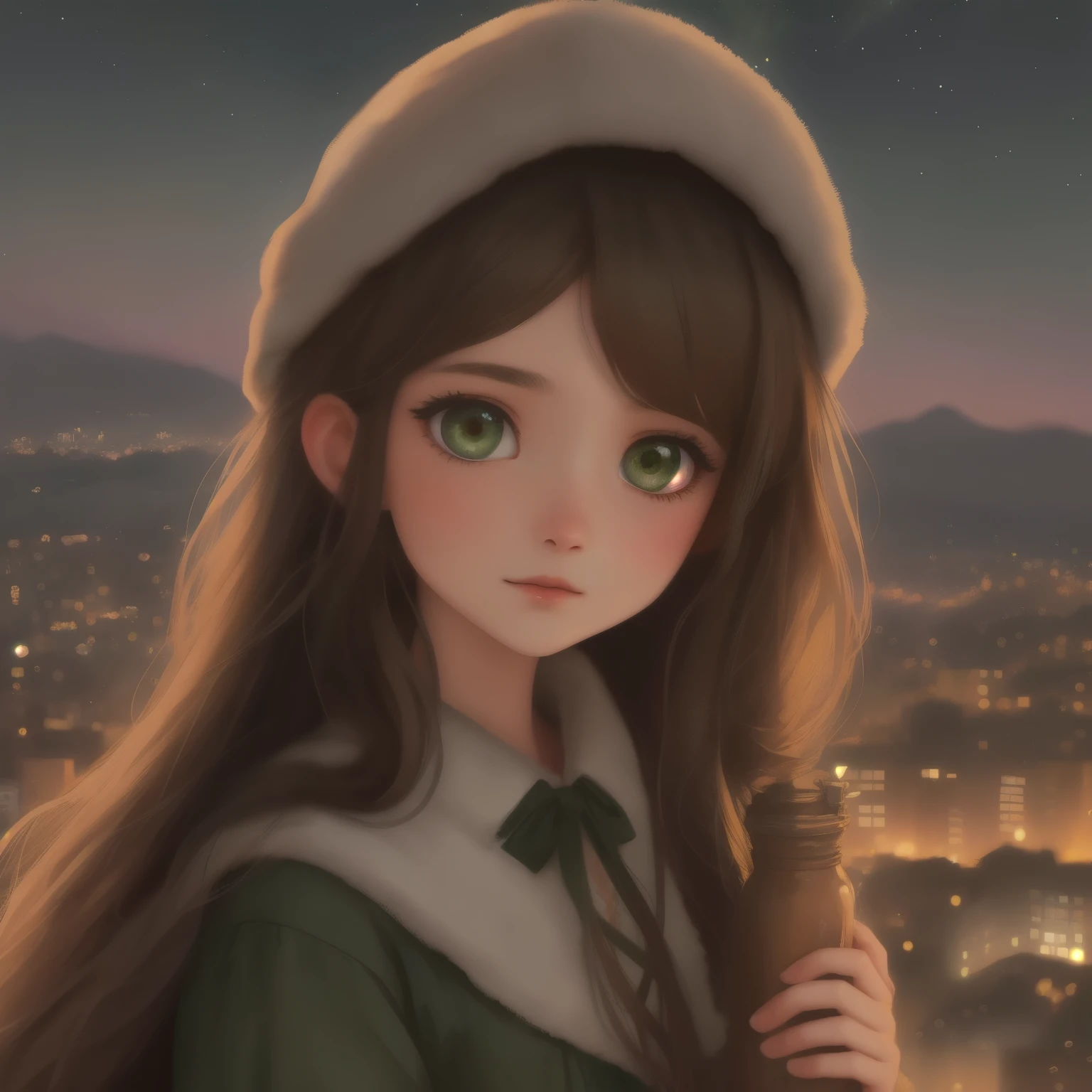 A girl with long brown hair dark green eyes looks down from a hill at the city below, her friends are near her. city lights, twilight, starry sky