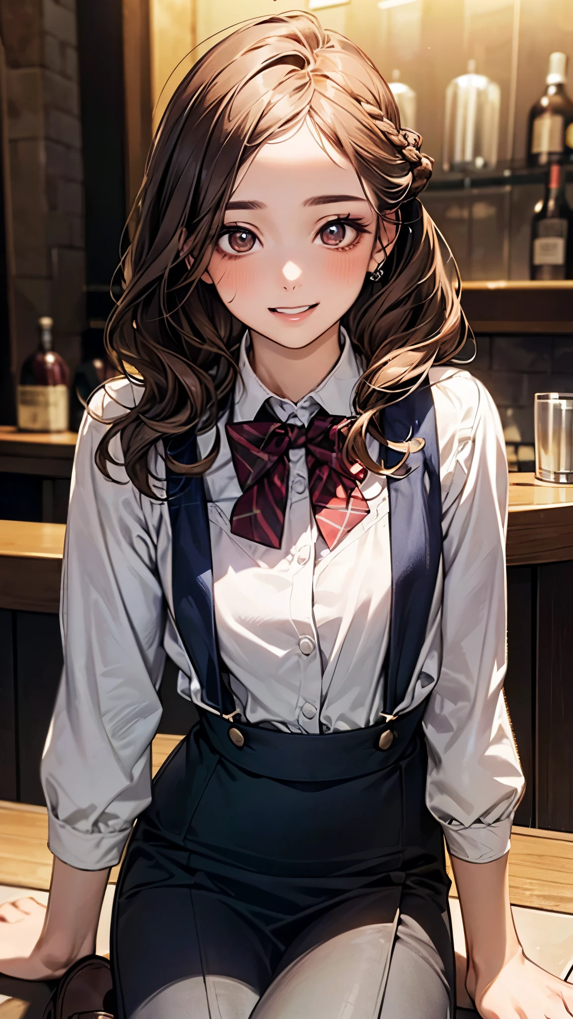 (masterpiece:1.2, top-quality, ultra high res, ultra detailed), (realistic, photorealistic:1.3), beautiful illustration, perfect lighting, natural lighting, colorful, depth of fields, 2025s, , 
beautiful detailed hair, beautiful detailed face, beautiful detailed eyes, (perfect anatomy, anatomically correct, super detailed skin), pink skin, shiny skin, 
(face focus, upper body), 1 girl, high school girl, cute and symmetrical face, perfect face, perfect eyes, perfect body, tiny, 
(middle hair, {soft wavy hair | sleek updo hair}, long sidelocks, caramel brown hair), forehead, light brown eyes, long eye lasher, (medium breasts, narrow west, seductive thighs), slender, skin dentation, 
(detailed cloth texture), break (vintage chic costume, bow tie, suspenders), break ({tailored vest | waistcoat}, classic black), break ({high-waisted pants | pencil skirt}, {navy blue |charcoal grey}), break (white button-down shirt), break ({oxford shoes | loafers}), break 
(beautiful scenery), summer, evening, detailed background, (bar counter:1.5), sitting chair, (sexy pose with movement), (lovely smile, upper eyes, parted lips),