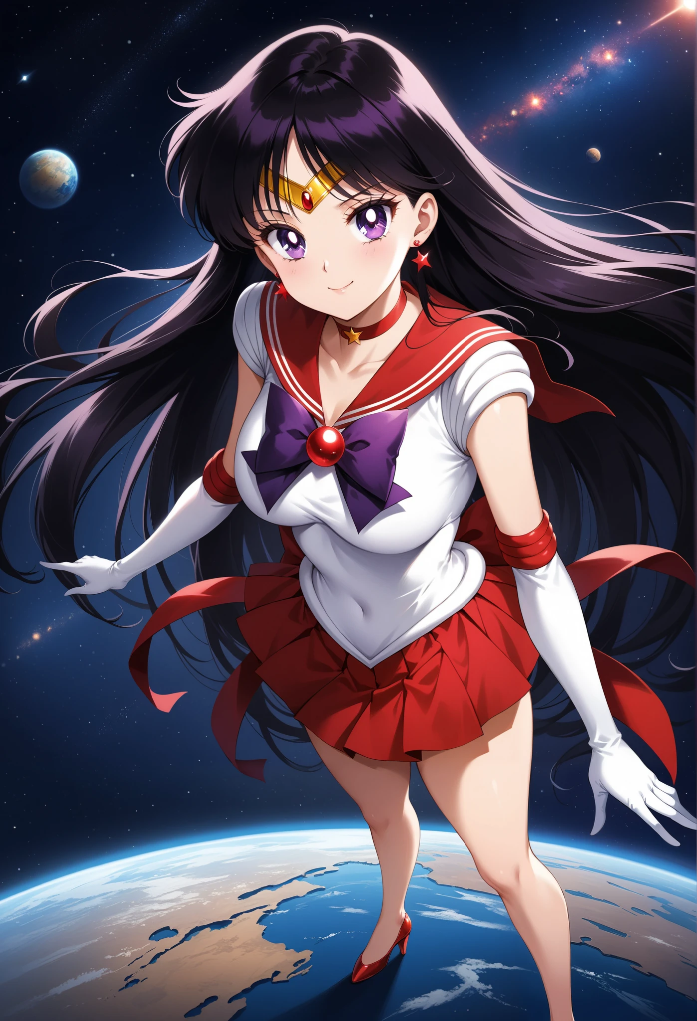 (masterpiece, best quality, very aesthetic, ultra detailed), intricate details, 4k, aamars, long hair, black hair, tiara, earrings, red choker, red sailor collar, purple bowtie, white shirt, elbow gloves, white gloves, pleated skirt, red skirt, bare legs, red heels, smile, space, stars, standing on planets, giga giantess, front above