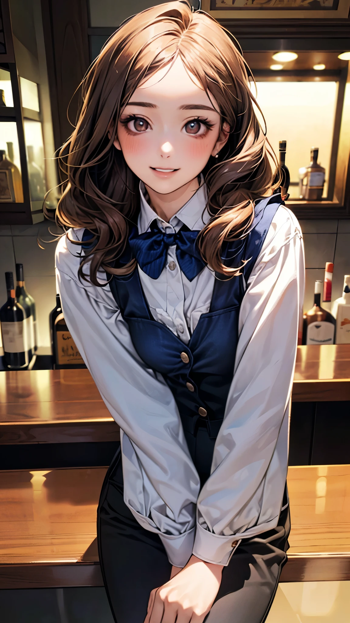 (masterpiece:1.2, top-quality, ultra high res, ultra detailed), (realistic, photorealistic:1.3), beautiful illustration, perfect lighting, natural lighting, colorful, depth of fields, 2025s, ,
beautiful detailed hair, beautiful detailed face, beautiful detailed eyes, (perfect anatomy, anatomically correct, super detailed skin), pink skin, shiny skin,
(face focus, upper body), 1 girl, high school girl, cute and symmetrical face, perfect face, perfect eyes, perfect body, tiny,
(middle hair, {soft wavy hair | sleek updo hair}, long sidelocks, caramel brown hair), forehead, light brown eyes, long eye lasher, (medium breasts, narrow west, seductive thighs), slender, skin dentation,
(detailed cloth texture), break (vintage chic costume, bow tie, suspenders), break ({tailored vest | waistcoat}, classic black), break ({high-waisted pants | pencil skirt}, {navy blue |charcoal grey}), break (white button-down shirt), break ({oxford shoes | loafers}), break
(beautiful scenery), summer, evening, detailed background, (bar counter:1.5), sitting chair, (sexy pose with movement), (lovely smile, upper eyes, parted lips),
