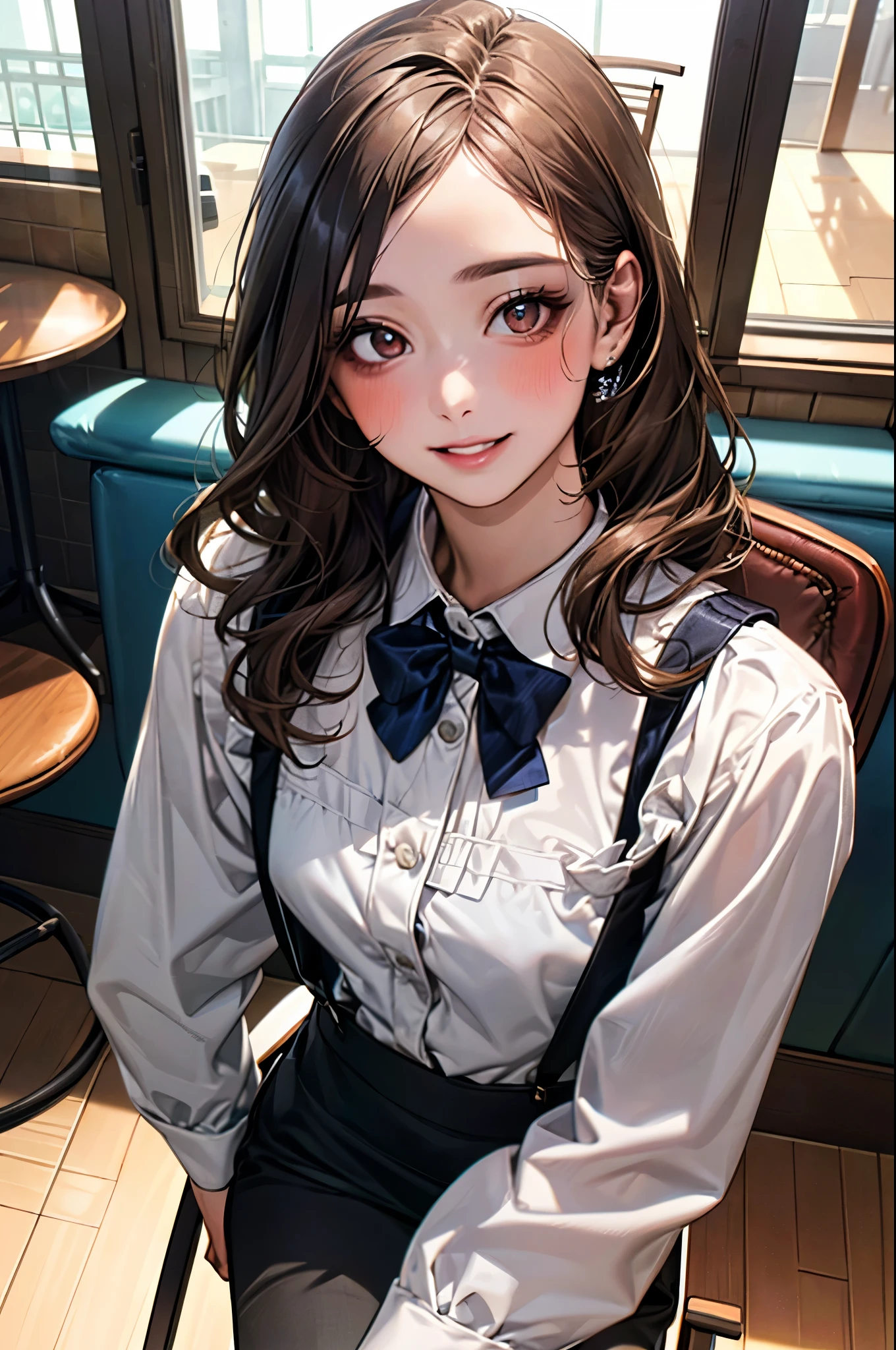 (masterpiece:1.2, top-quality, ultra high res, ultra detailed), (realistic, photorealistic:1.3), beautiful illustration, perfect lighting, natural lighting, colorful, depth of fields, 2025s, , 
beautiful detailed hair, beautiful detailed face, beautiful detailed eyes, (perfect anatomy, anatomically correct, super detailed skin), pink skin, shiny skin, 
(face focus, upper body), 1 girl, high school girl, cute and symmetrical face, perfect face, perfect eyes, perfect body, tiny, 
(middle hair, {soft wavy hair | sleek updo hair}, long sidelocks, caramel brown hair), forehead, light brown eyes, long eye lasher, (medium breasts, narrow west, seductive thighs), slender, skin dentation, 
(detailed cloth texture), break (vintage chic costume, bow tie, suspenders), break ({tailored vest | waistcoat}, classic black), break ({high-waisted pants | pencil skirt}, {navy blue |charcoal grey}), break (white button-down shirt), break ({oxford shoes | loafers}), break 
(beautiful scenery), summer, evening, detailed background, (bar counter:1.5), (sitting chair:1.5), (sexy pose with movement), (lovely smile, upper eyes, parted lips),