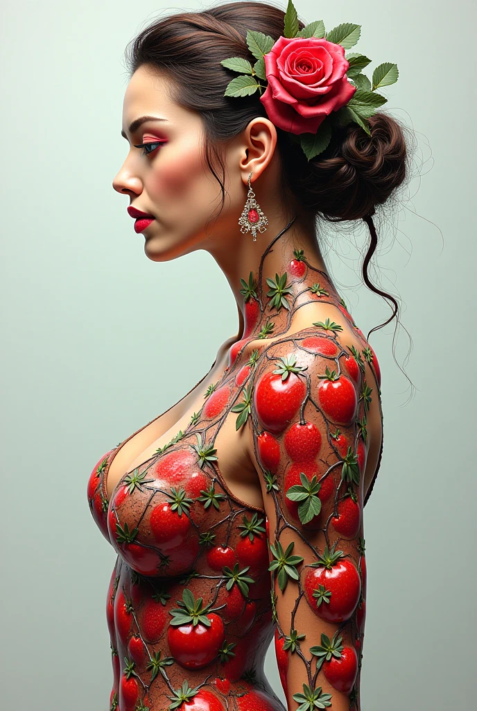 A naked Brazilian woman without clothes in a lush tropical garden, nude with a close-up capturing the harmonious beauty between her breasts and the natural flowers, showing off your natural charm and outgoing personality.