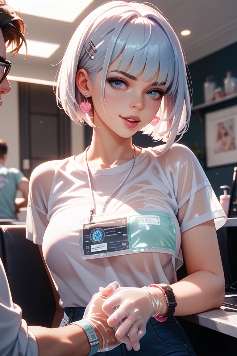 (Anti-aliasing Ultra High, Intricate Detail, Art Station, Virtual Engine, DOF, Super Resolution, Megapixel, FKAA, TXAA, RTX, SSAO, Post-Processing, Post-Production, Tone Mapping, CGI, VFX, SFX, Crazy Details and Complexity, Ultra Realistic Ultra Detail, Super Detail, Realistic, Ultra Realistic, Unreal Engine, 8K, Masterpiece, Best Quality, Cinematic Lighting, Ray Tracing, Very Detailed CG, Anatomy, Facial Muscles, Octane Rendering, Moon, Jungle, Backlight, Depth of Field, Silver, Long Silver Hair, Slim, Perfect Collarbone, Belly Pollar, Mid-chest, Thin, Watery Eyes, Sharp Pupils, Realistic Pupils, Perfect Eyes, Blue Eyes, Shortness of Breath, Radiant Skin, Luxurious Cyberpunk, White Lace, Cable and Wire, Microchip, Heart-shaped Pose, Shiny Breasts, Sweating, Sexual arousal (high-detail skin: 1.8) (high-detail eyes: 1.8) (realism: 1.37) ( on breasts: 1.8) (action: behind both arms) (viewing angle: from the angle above)