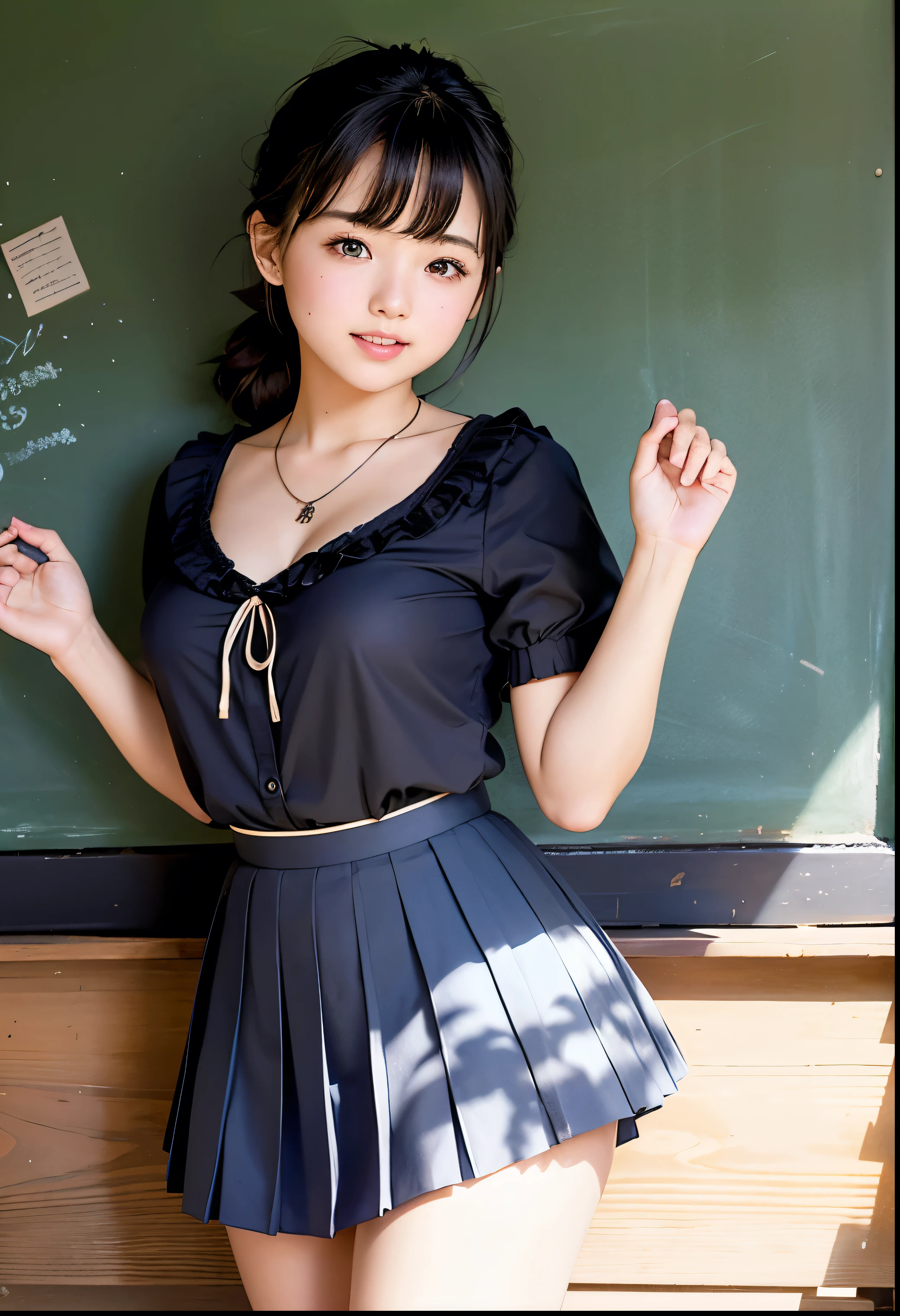 ( Highest quality, masterpiece:1.3, Ultra High Definition),( very well detailed、 caustics) ( exists:1.4, RAW shooting、)Ultra- exists Capture、 very well detailed、 The natural skin texture of the、stands out on the pale blue background 、 masterpiece、( Japanese wearing a blouse and pleated skirt:1.3)、 adorable expression 、Expressions of joy、、: 、baby face、 innocent giingly cute、the blackboard with the tip of the nipple 、 curly hair 、ribbons、 black hair、 Big Breasts、 Glowing Thighs、Shining Ass、 necklaces、On the lakeside in the shade of trees、Background details、smile、 An inviting gaze 、( anatomically accurate)、 cowboy shooting 、 attention to detail 、 lifts her chest from the bottom with both hands 、