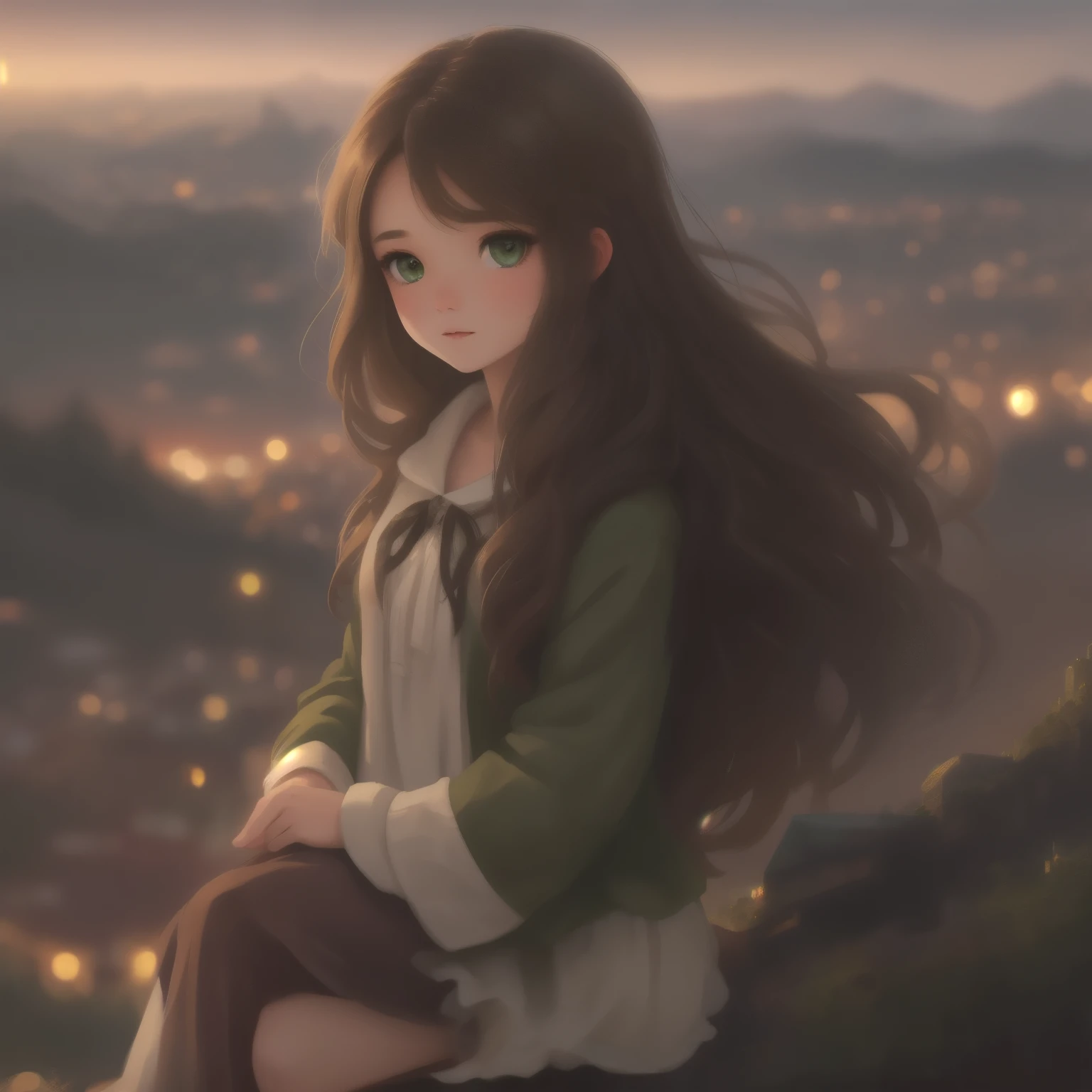 A girl with long brown hair dark green eyes looks down from a hill at the city below, her friends are near her. city lights, twilight, starry sky
