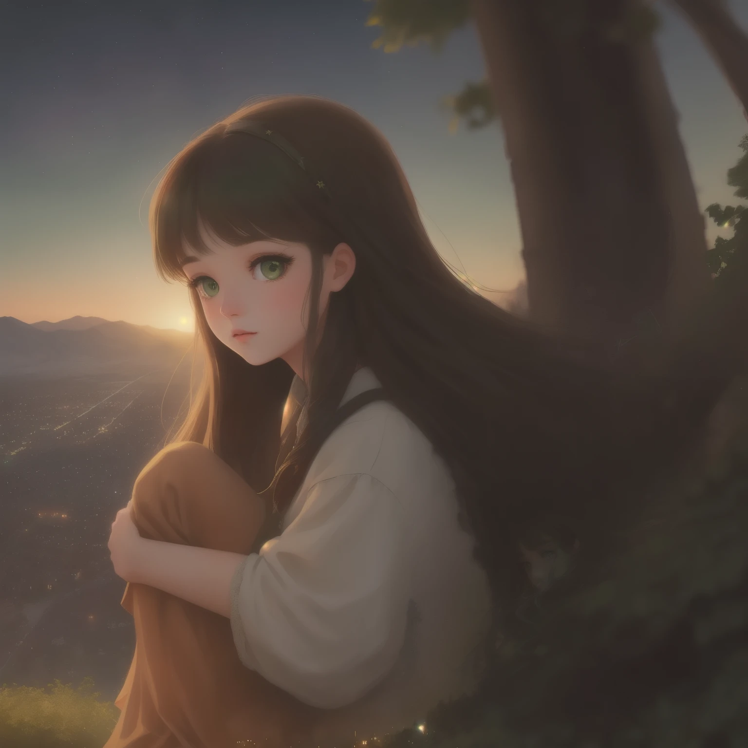 A girl with long brown hair dark green eyes looks down from a hill at the city below, her friends are near her. city lights, twilight, starry sky