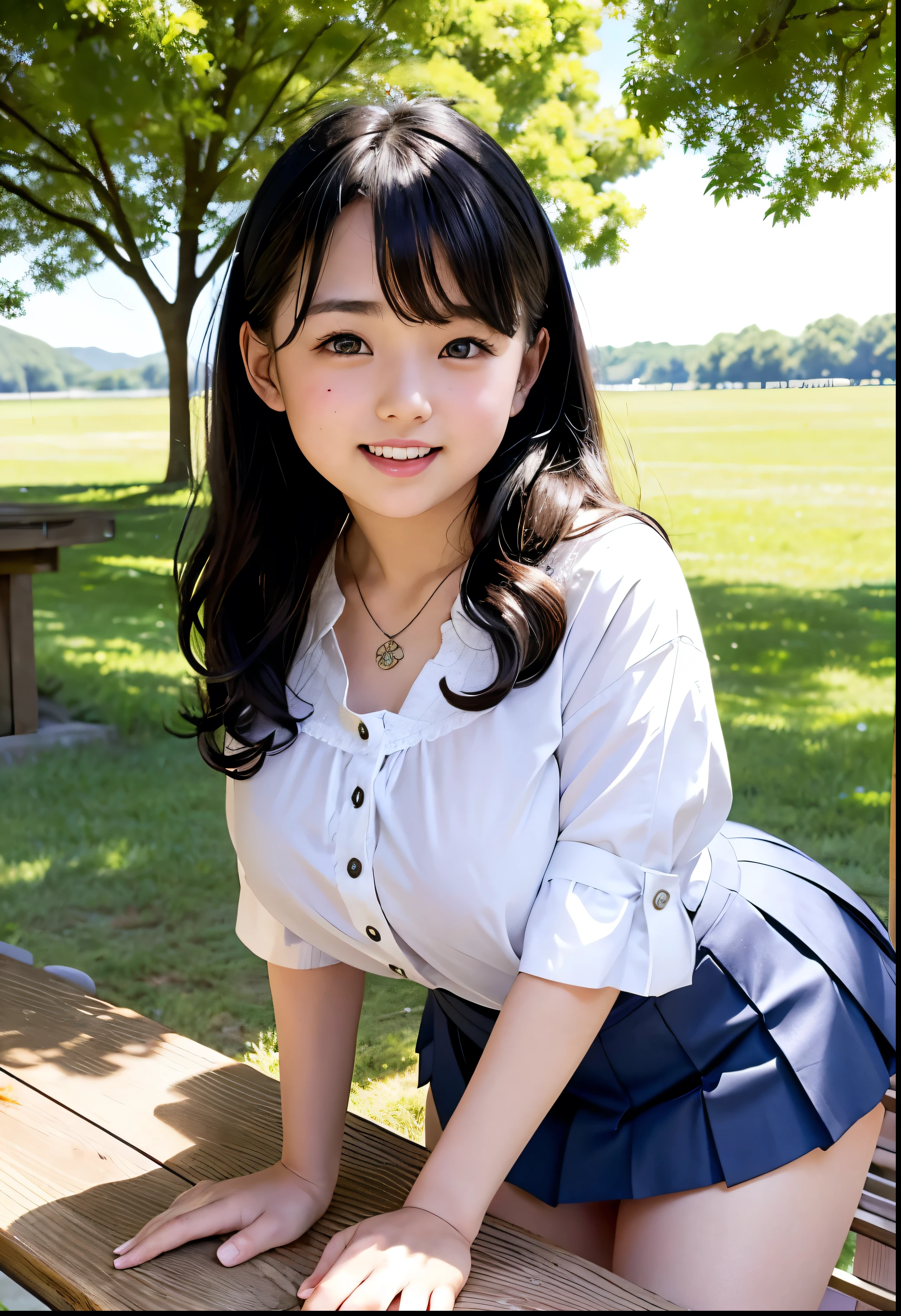 ( Highest quality, masterpiece:1.3, Ultra High Definition),( very well detailed、 caustics) ( exists:1.4, RAW shooting、)Ultra- exists Capture、 very well detailed、 The natural skin texture of the、stands out on the pale blue background 、 masterpiece、( Japanese wearing a blouse and pleated skirt:1.3)、 adorable expression 、Expressions of joy、、: 、baby face、 innocent giingly cute、the blackboard with the tip of the nipple 、 curly hair 、ribbons、 black hair、 Big Breasts、 Glowing Thighs、Shining Ass、 necklaces、On the lakeside in the shade of trees、Background details、smile、 An inviting gaze 、( anatomically accurate)、 cowboy shooting 、 Attention to Details 、 lifts her chest from the bottom with both hands 、