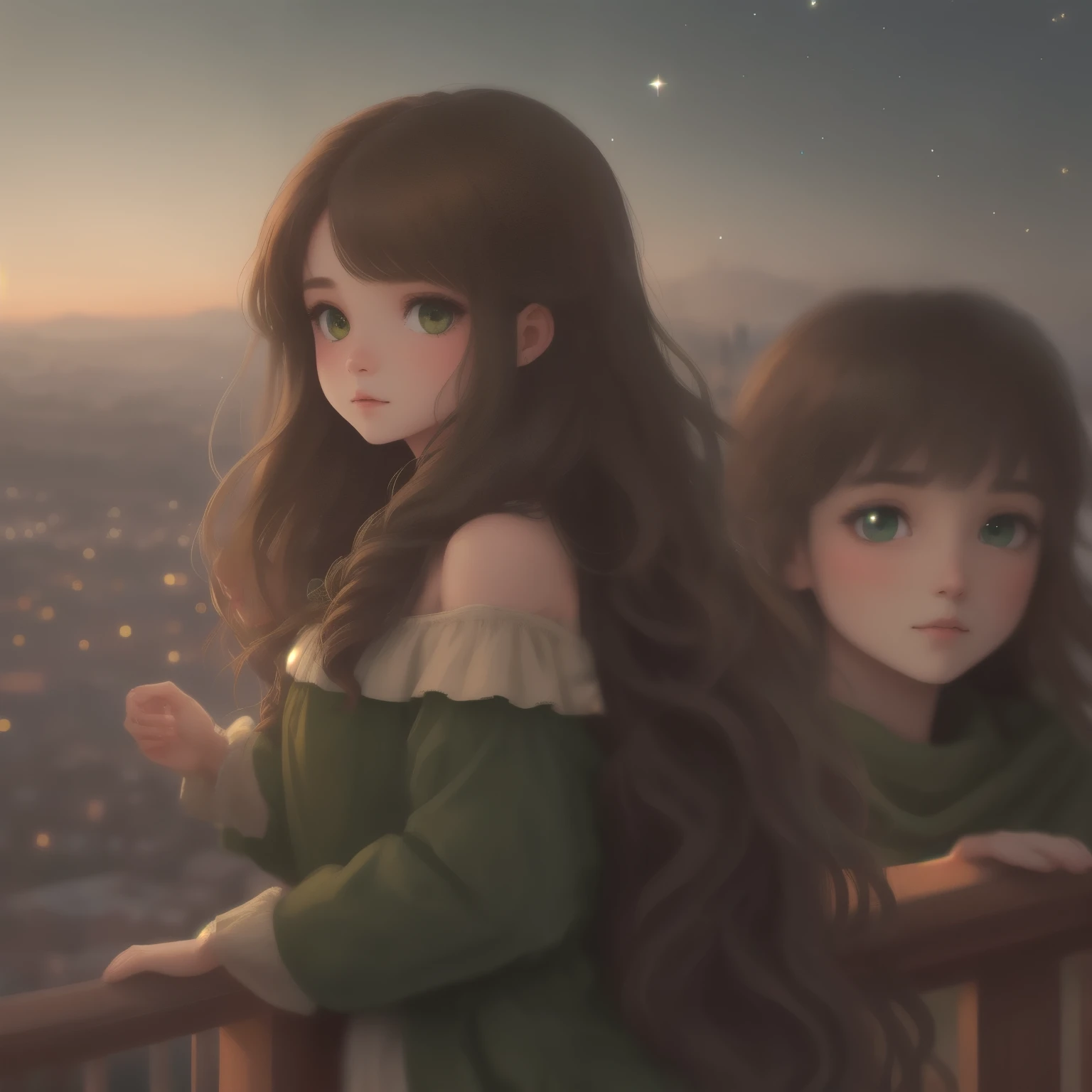 A girl with long brown hair dark green eyes looks down from a hill at the city below, her friends are near her. city lights, twilight, starry sky
