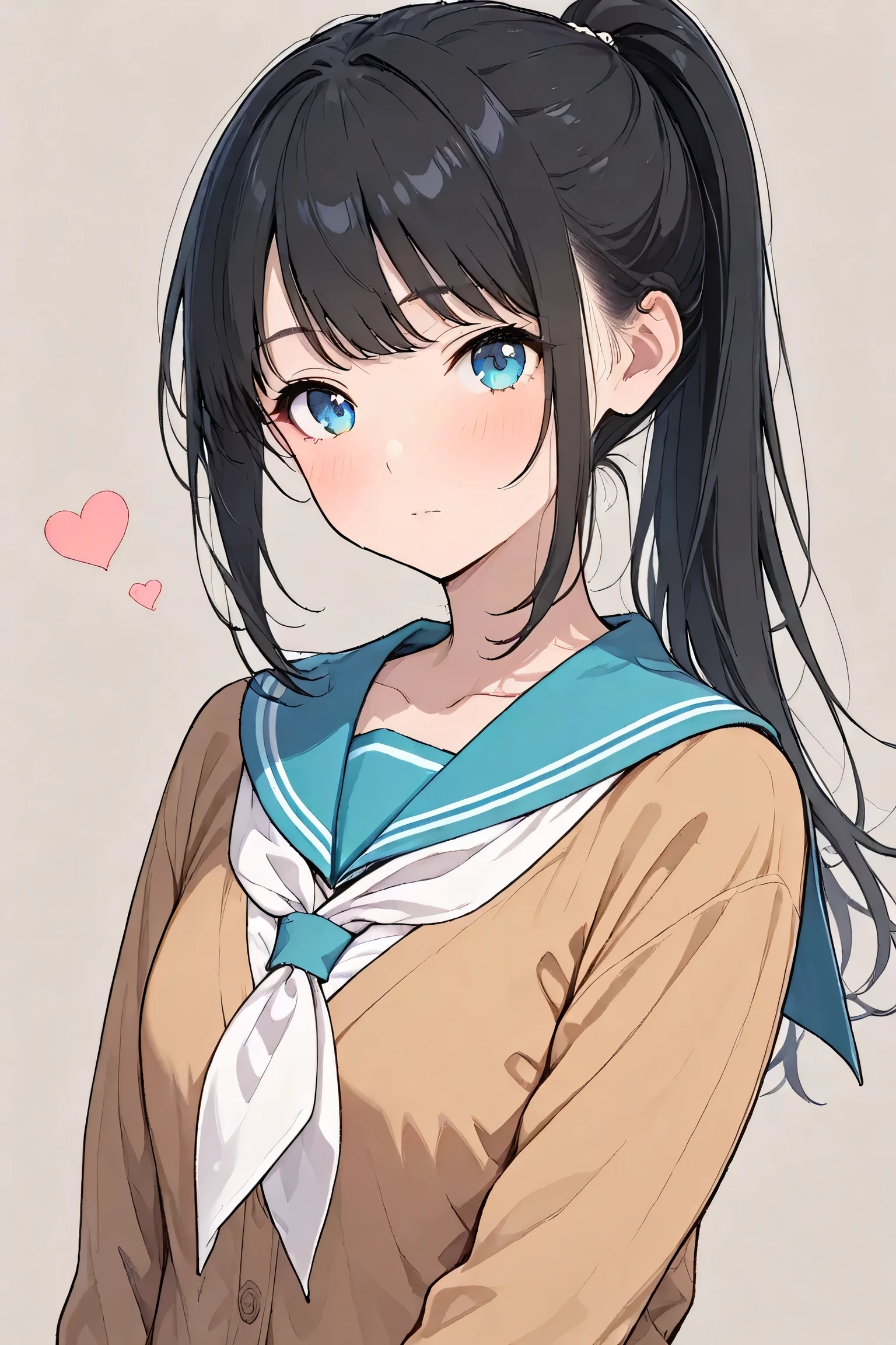 (watercolor:0.4)、(  pastel  :0.6)、  1girl , Alone, blue eyes, school uniform, ponytail, long hair, looking at viewer,  serafuku, upper body, blush, sailor collar, heart, black hair, Cardigan, Neckerchief, bangs, simple background, white Neckerchief, closed mouth, sidelocks, grey background, collarbone, long sleeves, blue sailor collar
