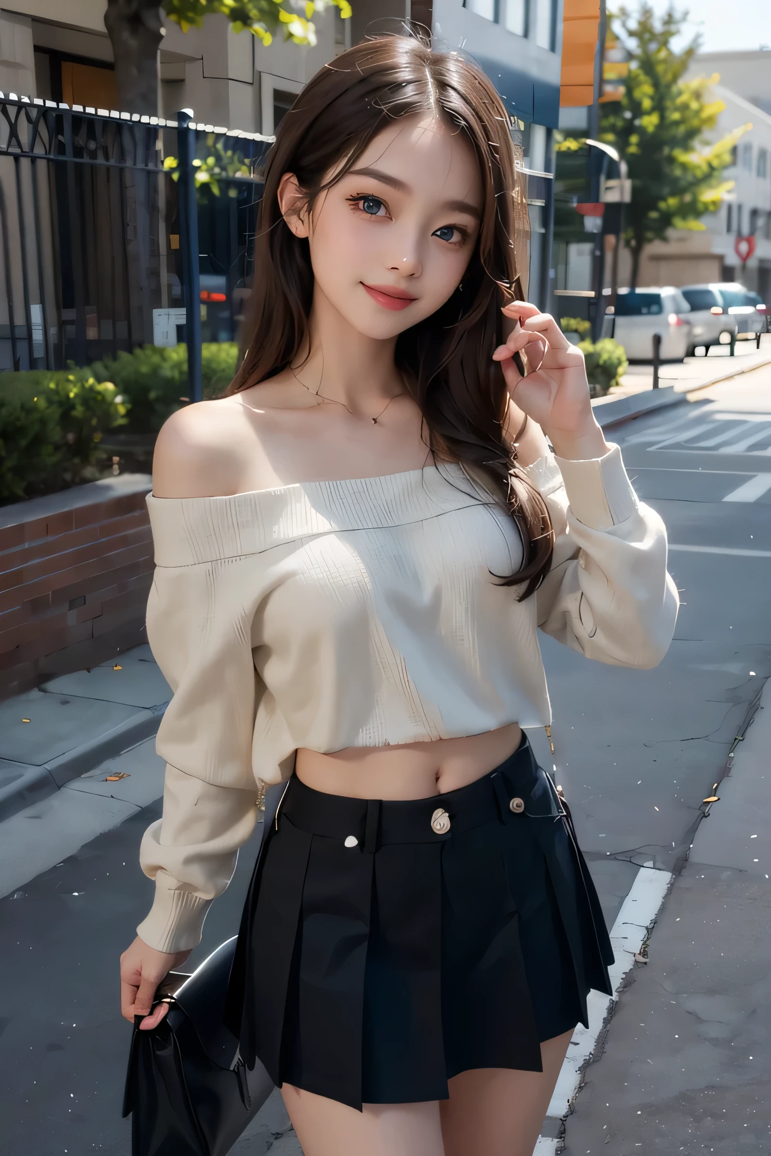  highest quality、confused、((the cutest girl in the world))、Japanese、16 year old girl、Cafe、((spring-like clothes))、(skirt)、(off shoulder jacket)、nice and cute、innocent smile、nice smile、big breasts、(ample breasts:1.3)、ponytail、brown hair、thin waist、detailed beautiful eyes、look forward、Upper body、