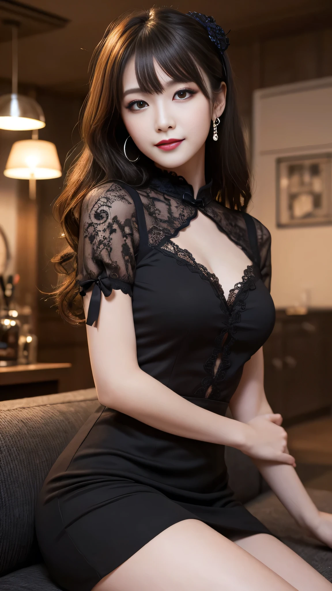 (Masterpiece:1.2, Best quality), Realistic, (Real picture, Intricate details, Depth of field), parted lip, High neck lace skirt,highly detailed, Perfect face, Perfect body,
Mature woman, Tall, Long legs,
sexy mature curvy body, sensual confident look, damp, cleavage , boobsy, classic environment , slim body, slim waist , nice legs