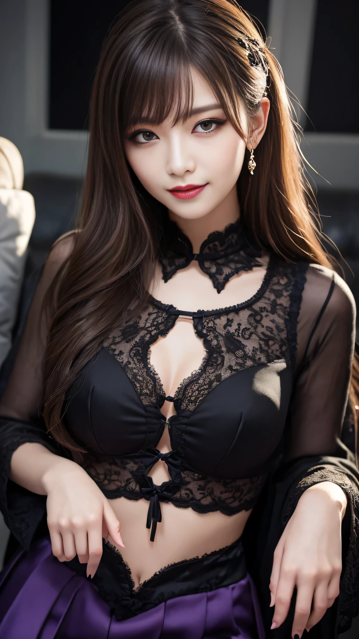 best quality、ultra-detailed、8k、Japanese、Japanese、Seductive beauty、seductive adult woman、Pretty Woman、cool girl、Villainess、brainwash makeup、Brainwashed、brainwash、Fallen into evil、smirk、Evil look、Wicked Smile、evil、Brown hair、wavy hair、swept bangs、dark makeup、dark makeup、piercing eyes、hollow eyes,half-closed eyes、Hollow Eyes、purple Eyeshadow、black lipstick、black lipglos、Lace fabric、black party dress、Wide sleeves、flare skirt、night、inside darkroom、Are standing、Look、Offer、shoot from below、Make up、Have lipstick、Swear allegiance、I have pledged my allegiance、Seduce、Evil female executive、Female Combatant