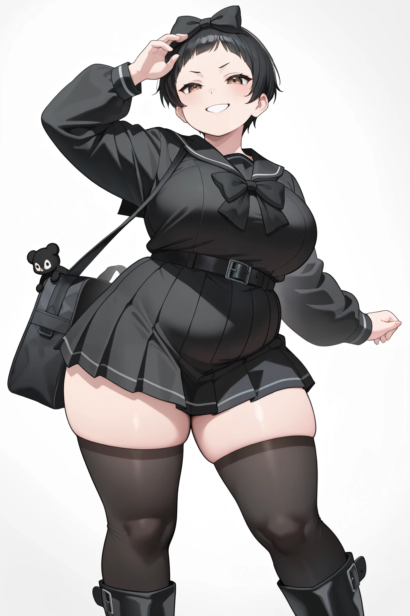 art by kipteitei, 1girl, makoto niijima, makoto niijima persona 5, persona 5, persona, school uniform, chubby, fat, anime, brunette, short hair, double belly, full belly, muffin top, fat rolls, bbw, thick thighs, large breasts(best quality, masterpiece)