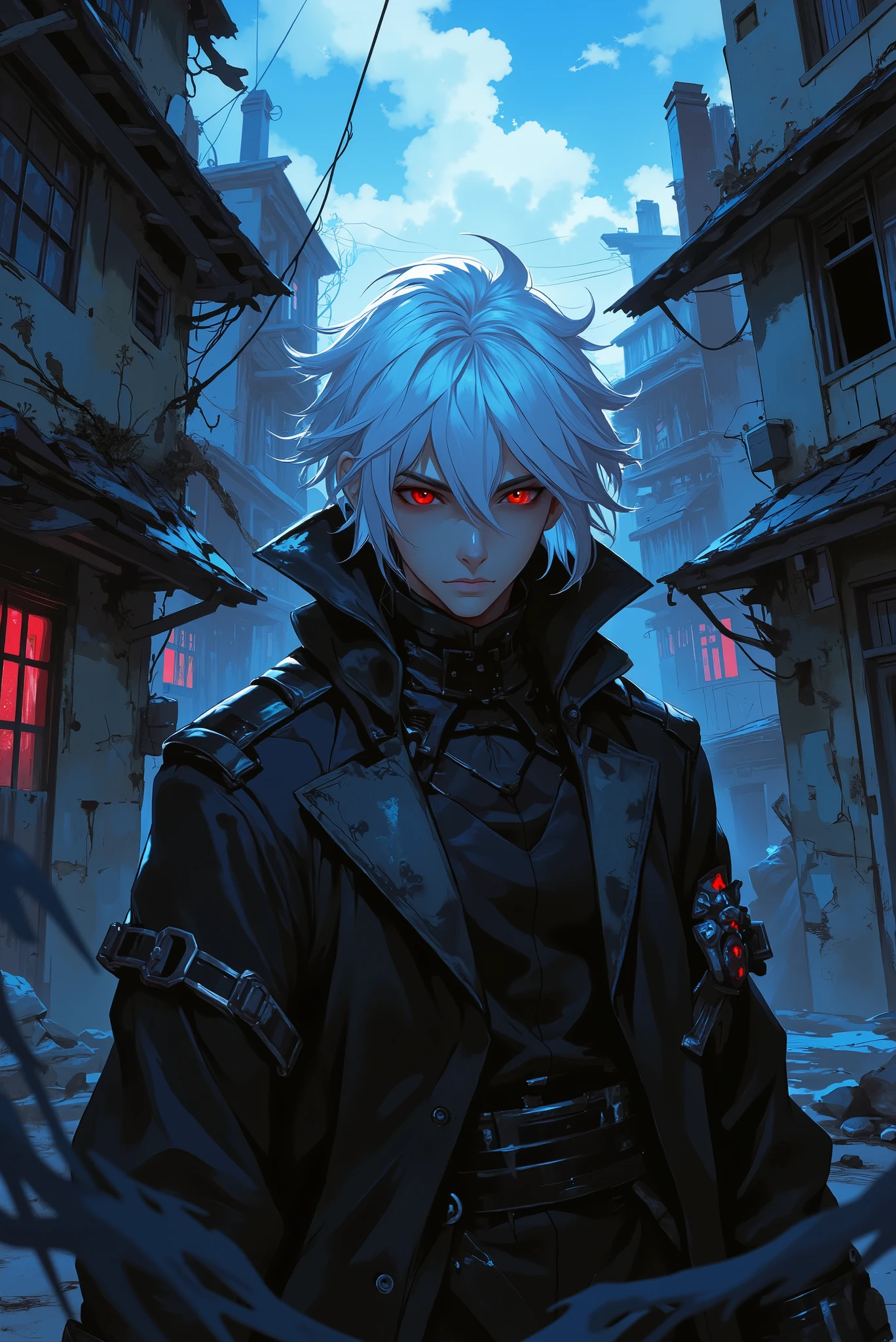 anime. man. white hair. serious face. Environment: dark, Abandoned houses around