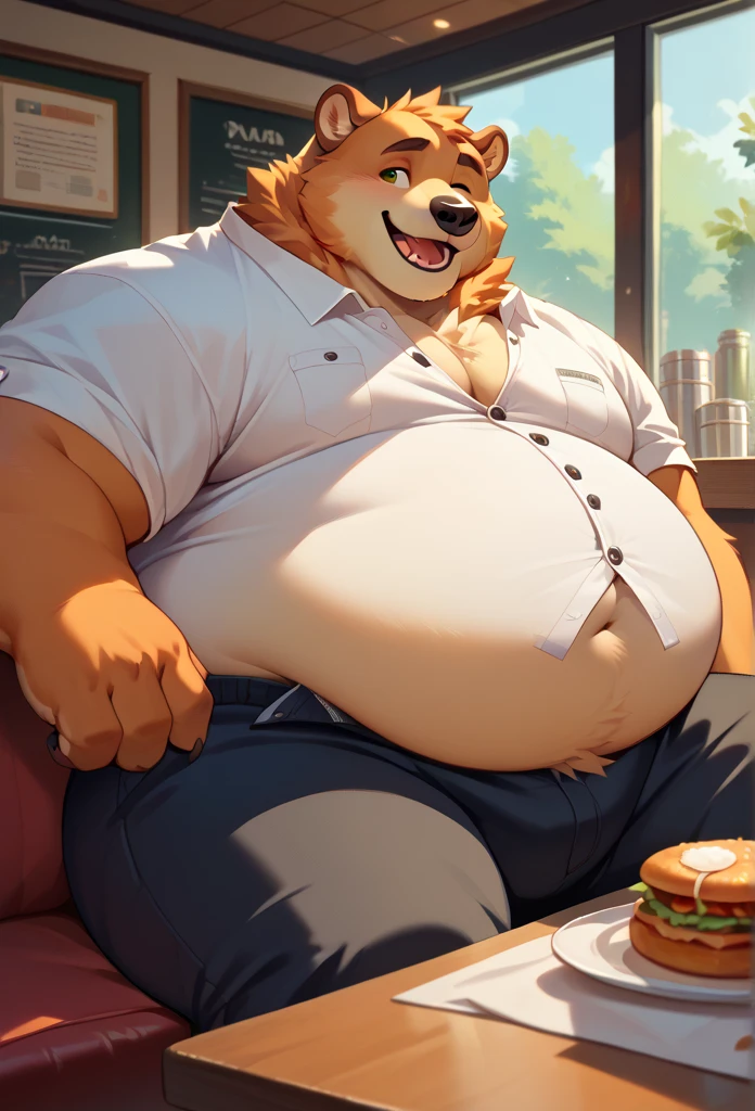 2 Male, two males, mates, father and son, young and older, incest, male on male, twosome, couple, duo, feeding, feeder, feedee, force feeding, shoving food in mouth, gainer, gainerart, anthro, Orange Fox, older male, relaxed expression, happy expression, brown chest fur, buffet restaurant, buffet line, wearing pants, denim jeans, button popping, bursting out of clothes, bursting out of shirt, pants pulled down, button up shirt, open shirt, torn clothing, ripped, tattered, raggedy clothes, massive bulge, (tenting(pants)), (outstretched pants), (male genitalia outline(pants)), erection, (fully-erect), food in background, pizza, doughnuts in background, plies of food, plates, lazy, slob, stained fur, stains, detailed lighting, brown chest tuft, ruffled fur, musclegut, belly, beer belly, (overweight:2.5), sitting in a booth, framed pictures in background, beer, drunk, intoxicated, focus on belly, stuffed, full belly, weight gain, obese, muscular arms, detailed belly, detailed hands, attractive, body hair, (detailed genitals), (hairy chest), facial hair, scruff, ruffled fur, (detailed genital outline), snout, long snout, teeth, perfect eyes, mature male, parent and son, incest, father figure, dad, dilf, daddy, dad bod, fangs, wide waist, broad shoulders, strong thighs, canine teeth, white teeth, detailed hands, big bulge, detailed crotch, dramatic lighting