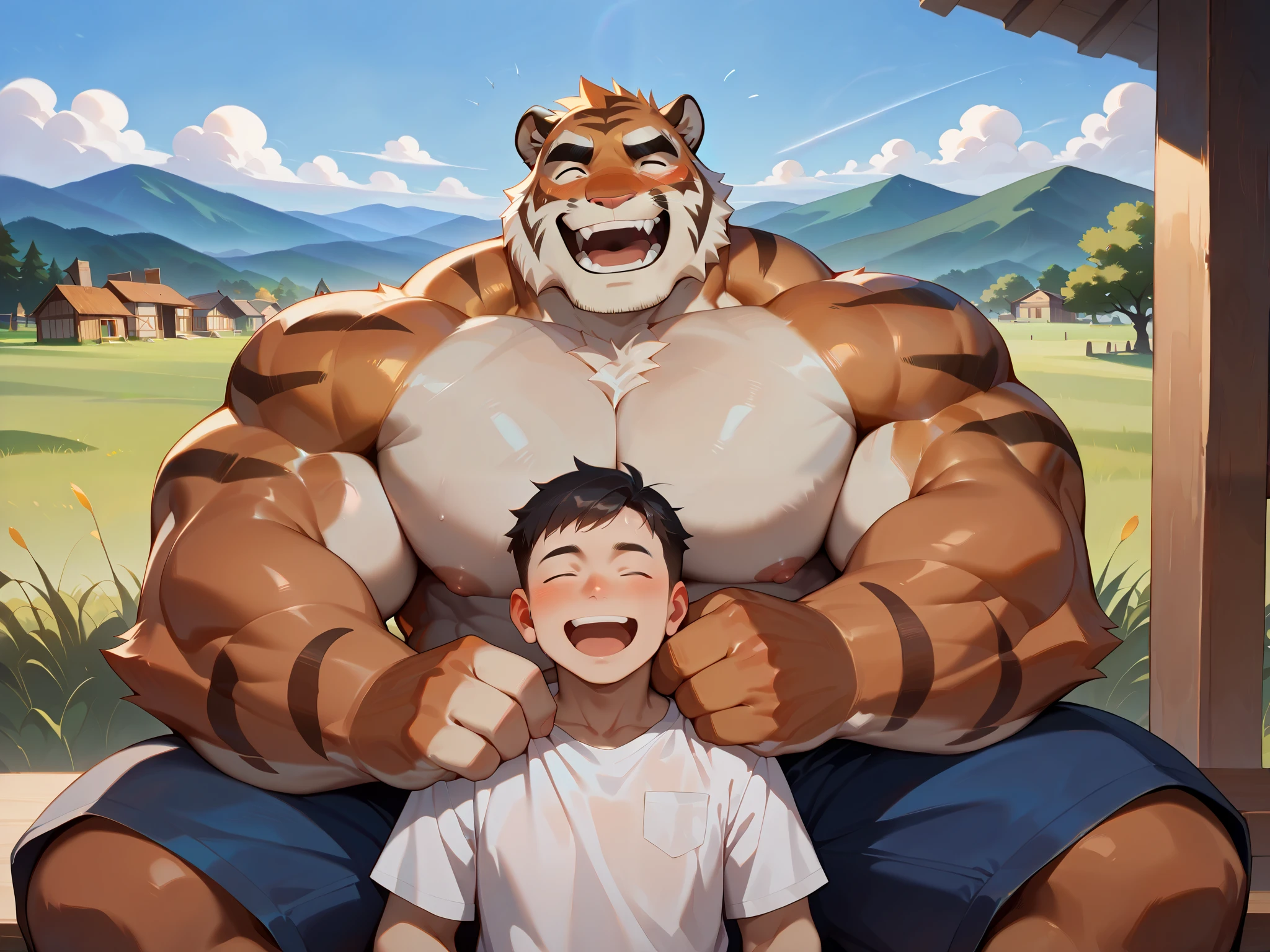duo, 2boys, muscular furry tiger, very huge pectoral, shorts, tshirt, sitting with a guy (male human, old man, old, muscular), village, detailed face, sfw, happy, open mouth, detailed eyes, wide shoulder, thick arms, wide pectoral, muscle, short hair:1.2, detailed eyes, focus eyes, shirtless, masterpiece, semirealistic:1.2, high detailed, 8k, high resolution