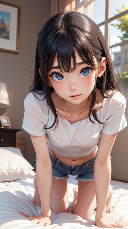 ((Perfect Anatomy:1.2,Realistic:1.5,RAW Photos:1.5,masterpiece、Highest quality、Ultra - High resolution、High resolution、Highly detailed CG、8k)),Cowboy Shot,1 female,alone、18 year old beauty,Japanese,((Beautiful and graceful face and eyes:1.3,Big beautiful eyes:1.3,iris)),Black Hair,Long Hair,Straight hair,Blunt bangs,blush,((Flat Chest,Low length,Slender body,Small Head:1.3,skinny)),(Glowing Skin,Oily skin:1.3,Glowing Skin),(White camisole,denim micro mini shorts),Simple bedroom,